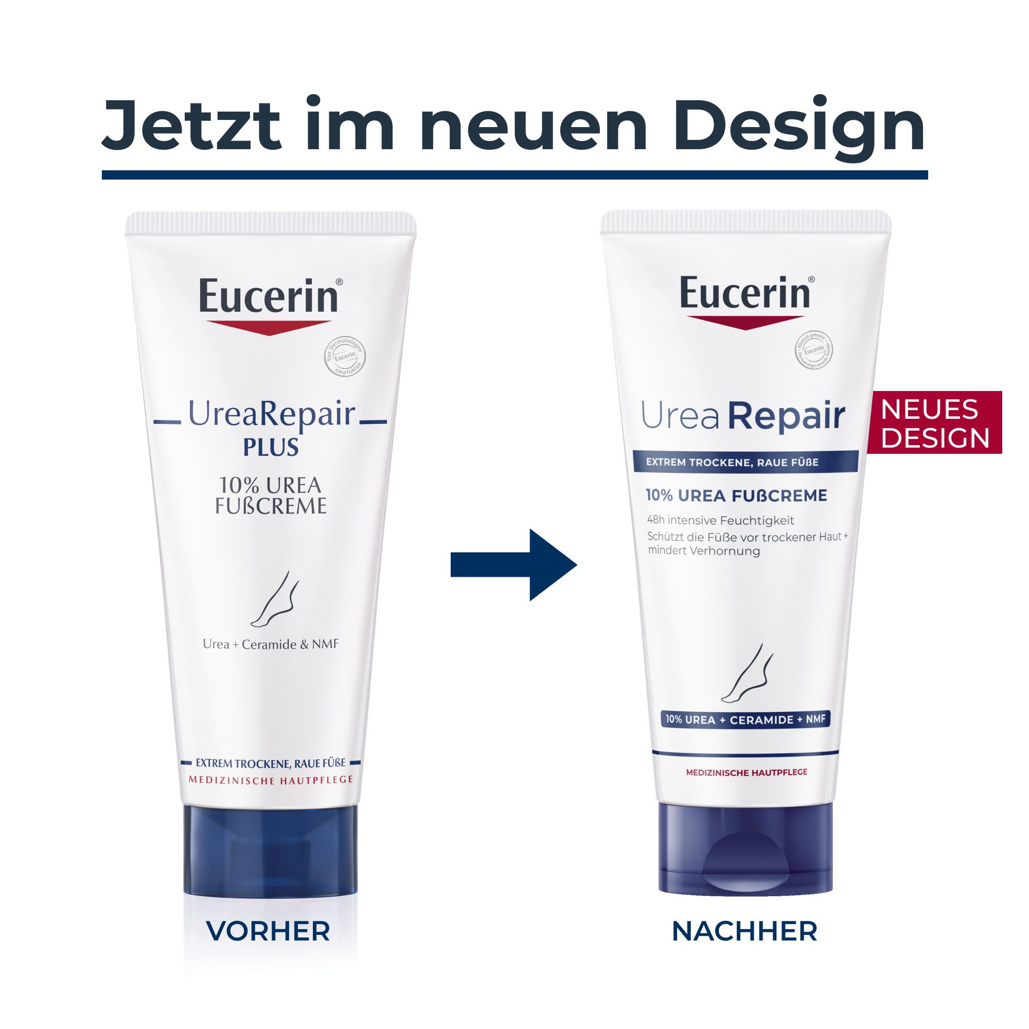 Vergleich von Eucerin UreaRepair Fußcreme: vorheriges und neues Design.