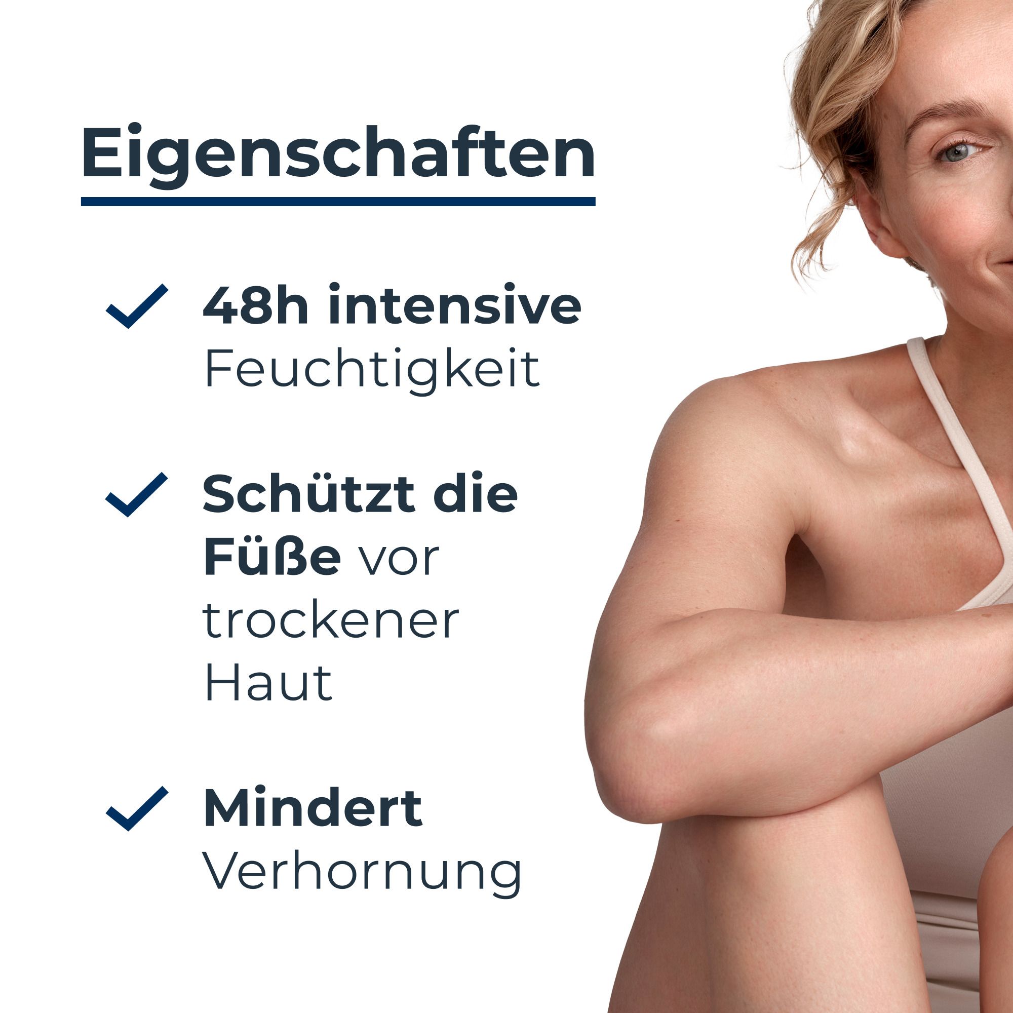 Eigenschaften der Eucerin UreaRepair Fußcreme: 48h Feuchtigkeit, Schutz, mindert Verhornung.