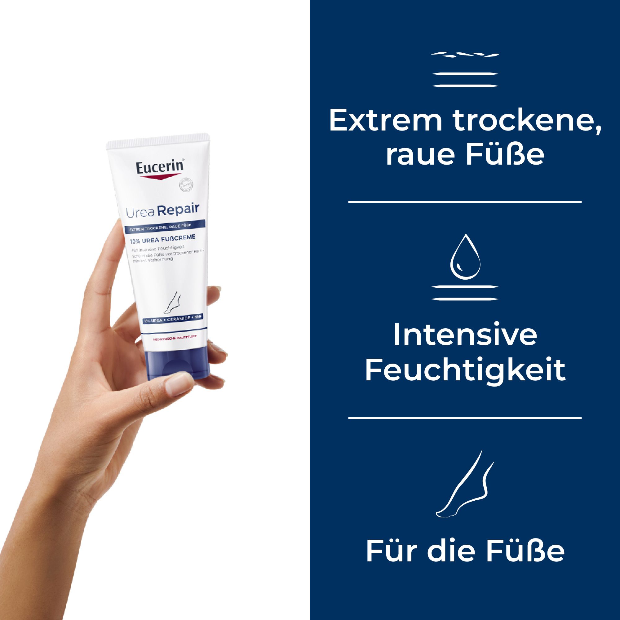 Hand hält eine Tube Eucerin UreaRepair 10% Fußcreme, mit Text zu extrem trockenen Füßen.
