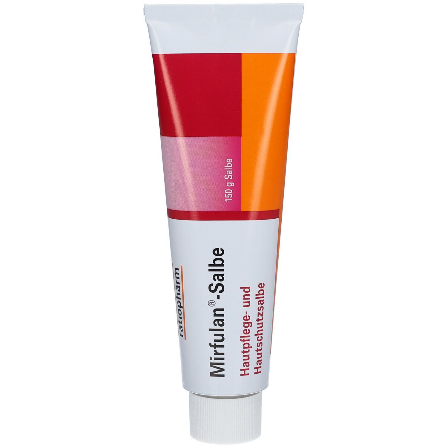 Creme-Tube mit rotem, rosa und orangefarbenem Design. Beschriftung: Mirfulan®-Salbe, Hautpflege- und Hautschutzsalbe, 150 g Salbe.