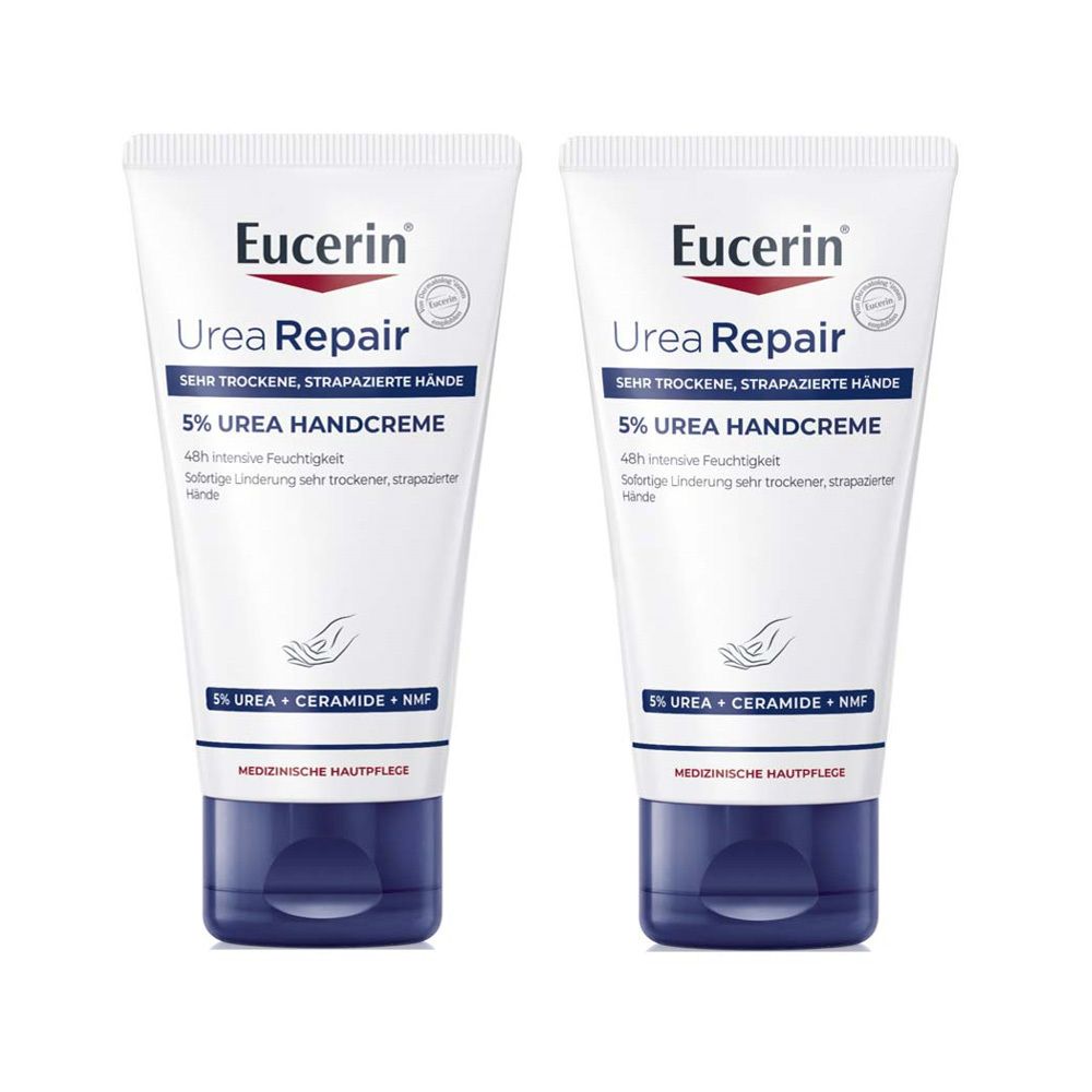Zwei Tuben Handcreme. Aufschrift: Eucerin UreaRepair 5% Urea Handcreme. Blaue Kappe, weiße Tube.