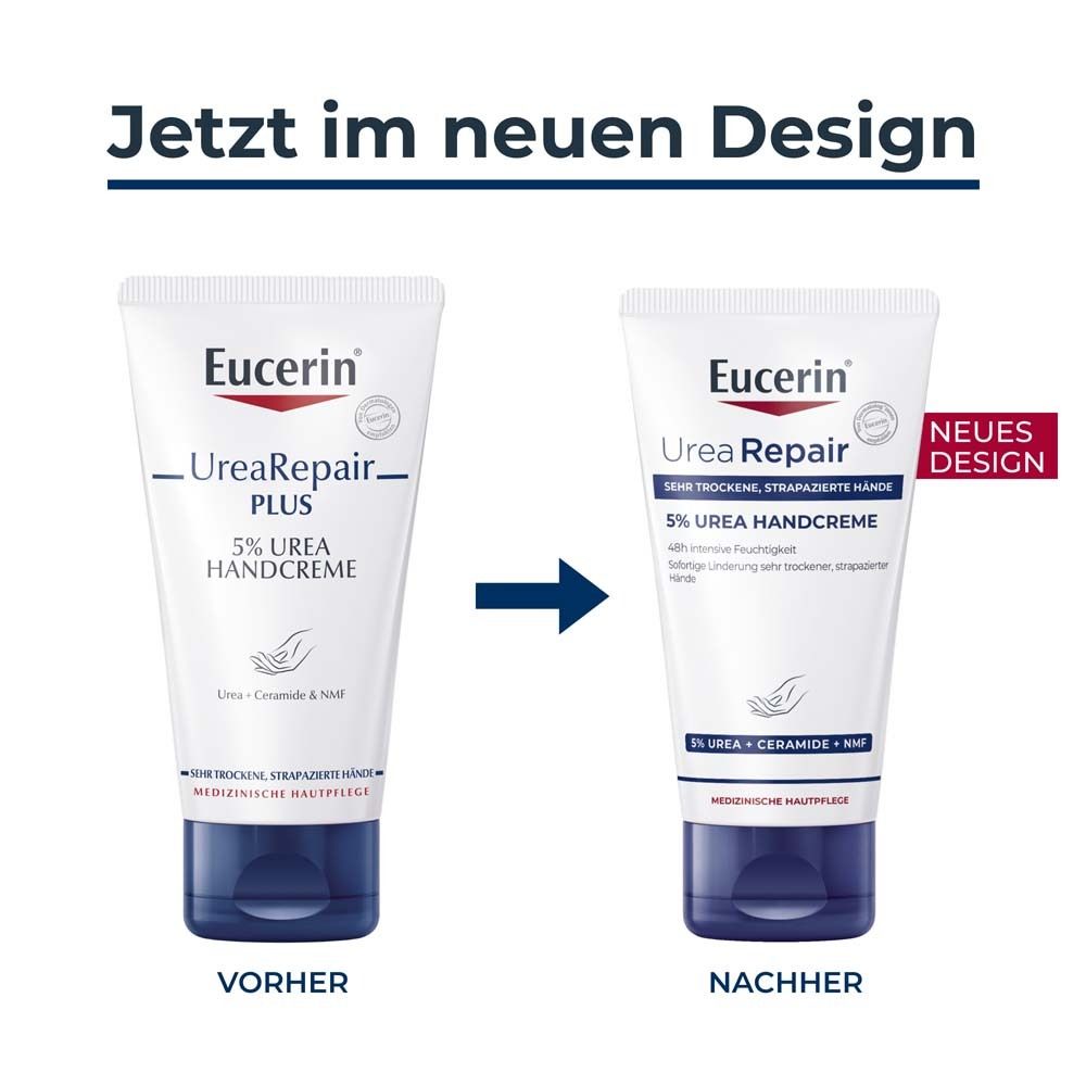 Vergleich von zwei Handcreme-Tuben. Links: vorher, rechts: neues Design. Aufschrift: Eucerin UreaRepair.