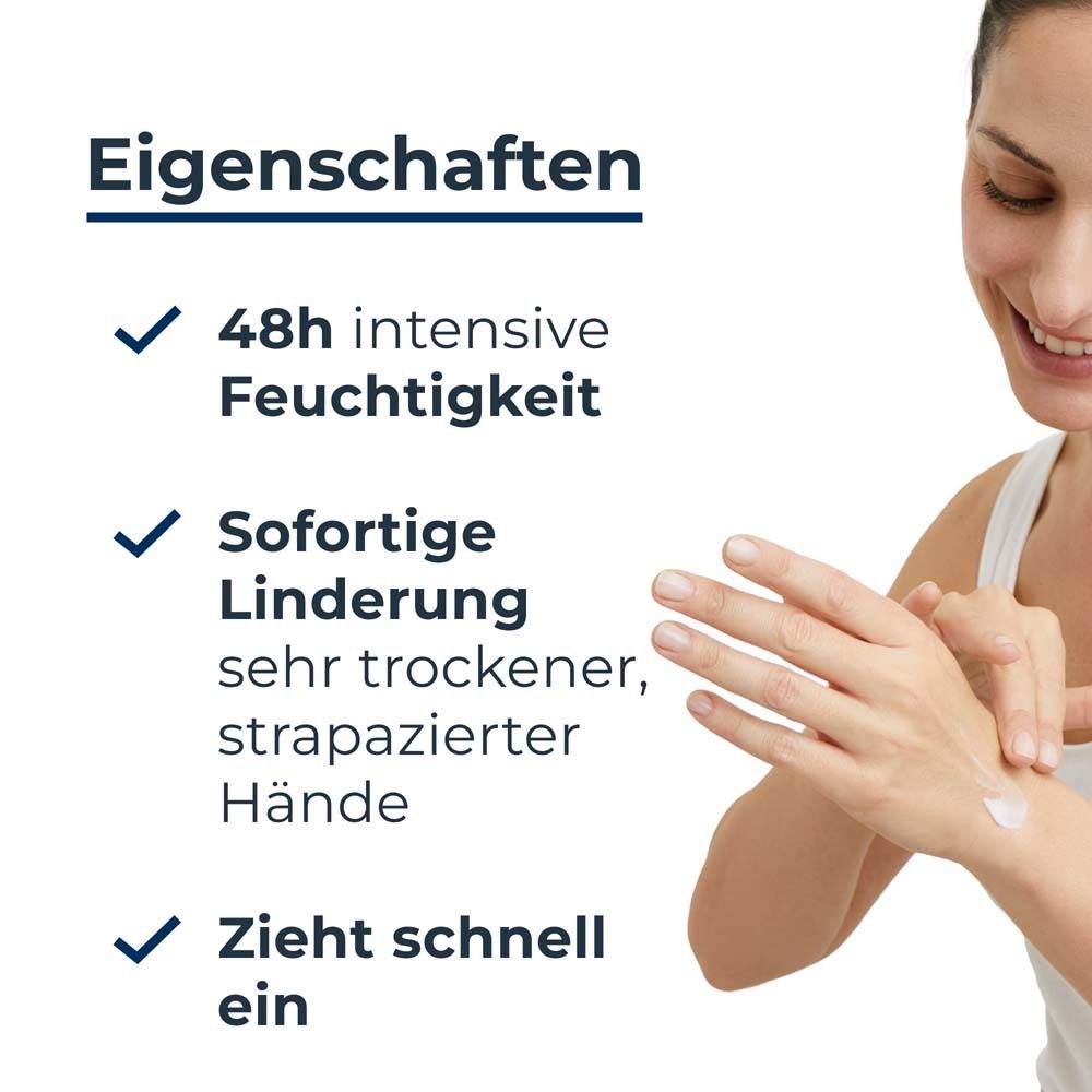 Text mit Eigenschaften: 48h intensive Feuchtigkeit, sofortige Linderung, zieht schnell ein. Frau trägt Creme auf.