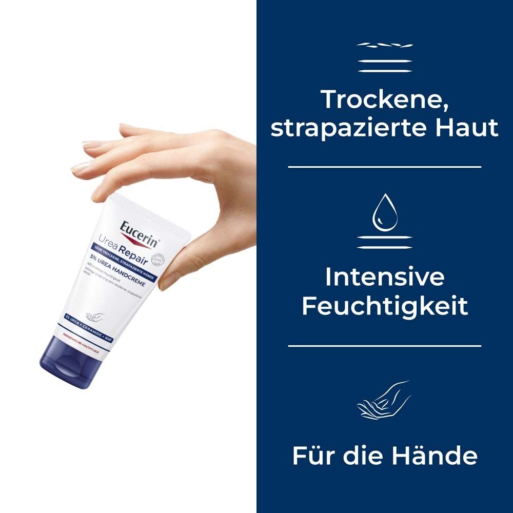 Handcreme-Tube in Hand. Text: Trockene, strapazierte Haut, intensive Feuchtigkeit, für die Hände. Blaue Kappe.