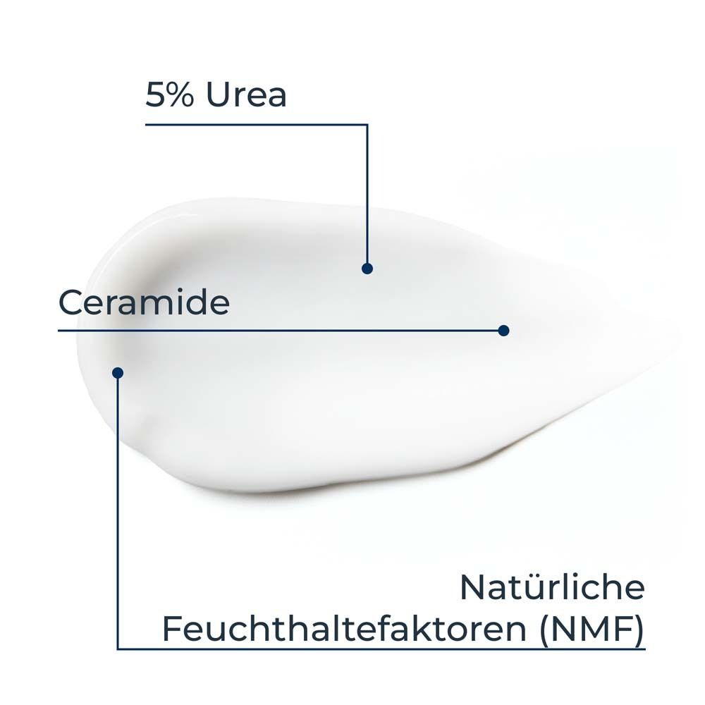 Nahaufnahme von Creme. Markierungen: 5% Urea, Ceramide, natürliche Feuchthaltefaktoren (NMF).