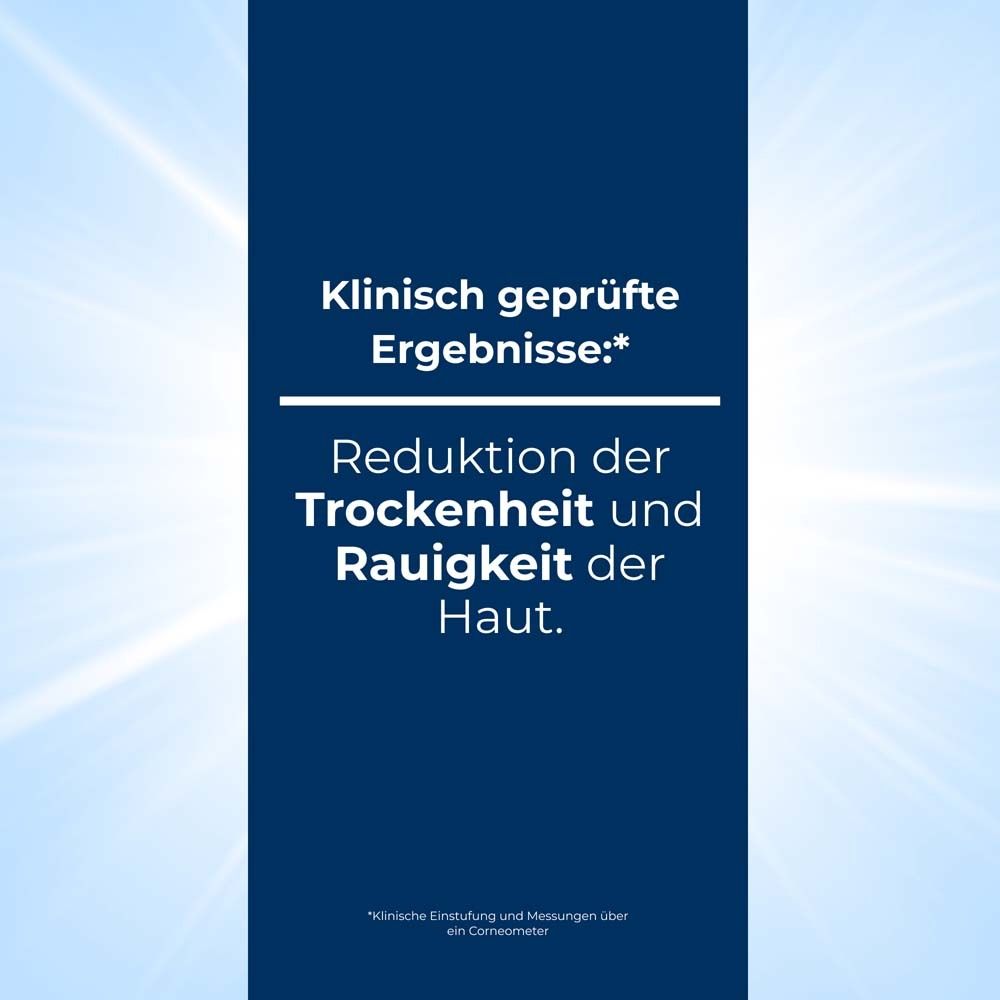 Text: Klinisch geprüfte Ergebnisse: Reduktion der Trockenheit und Rauigkeit der Haut. Blauer Hintergrund.