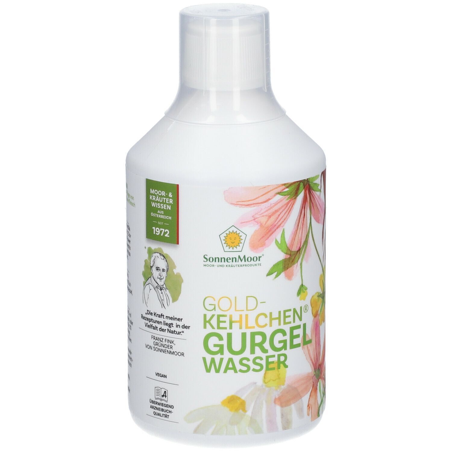 Weiße Flasche mit grünem Etikett. Aufschrift: Gold-Kehlchen Gurgel Wasser. SonnenMoor Logo. Blumenmuster.