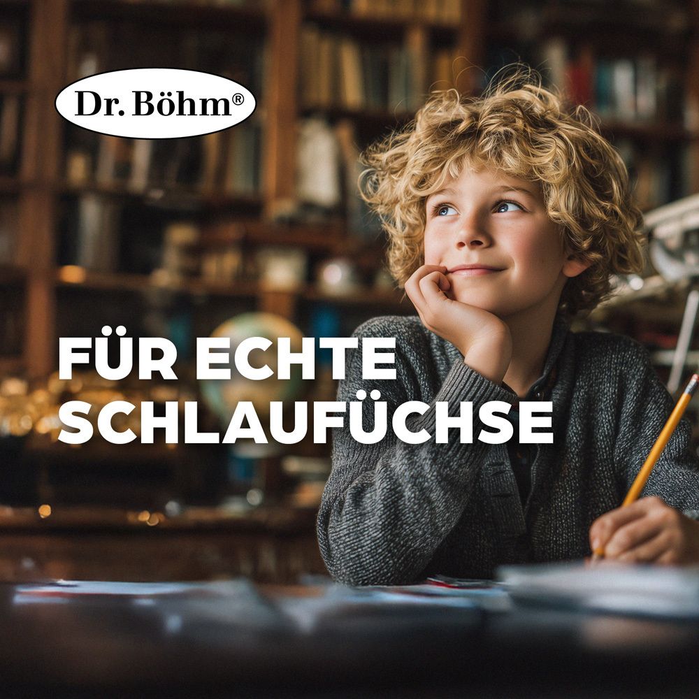 Junge mit Locken, stützt das Kinn, blickt nach oben. Text: FÜR ECHTE SCHLAUFÜCHSE. Im Hintergrund Bücherregal.