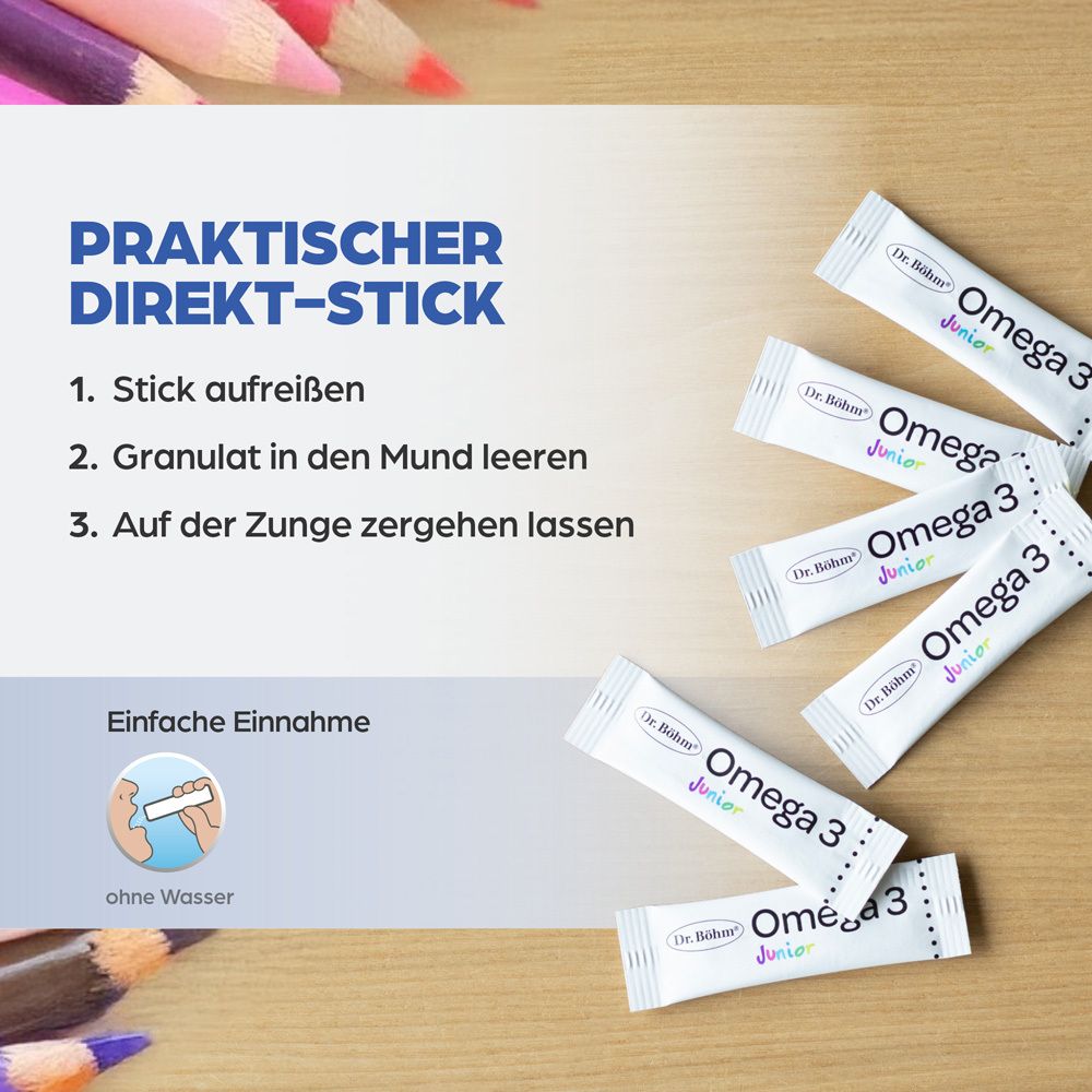 Mehrere Direkt-Sticks auf Holzuntergrund. Text: Praktischer Direkt-Stick. Einfache Einnahme ohne Wasser. Stifte liegen daneben.