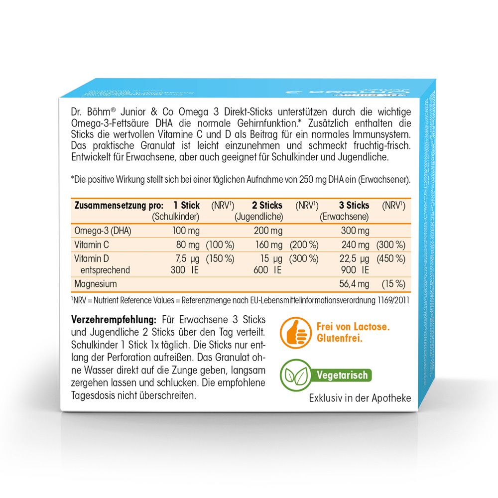 Rückseite der Dr. Böhm Omega 3 Junior Verpackung. Text: Zusammensetzung, Verzehrempfehlung, Hinweise. Frei von Laktose, Gluten.