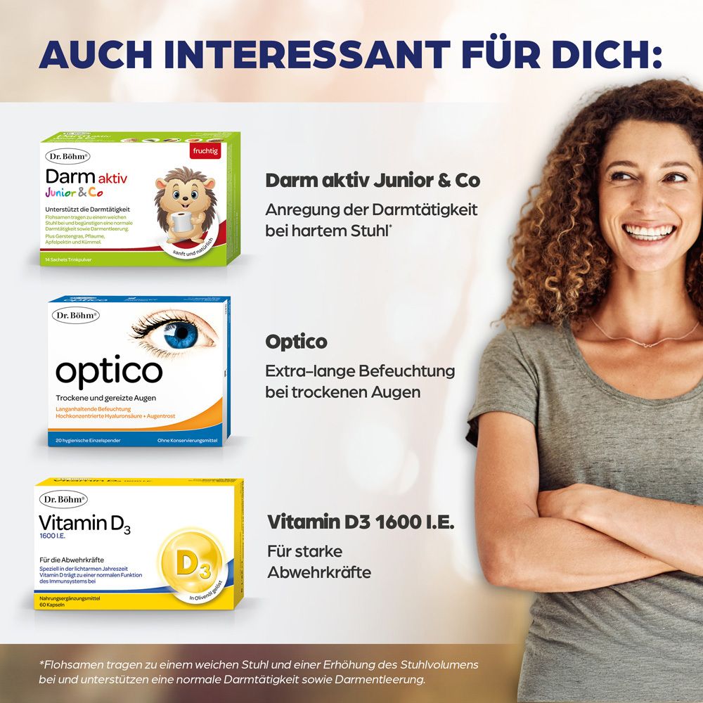 Une femme sourit. À côté, trois produits : Darm aktiv, Optico, Vitamine D3.