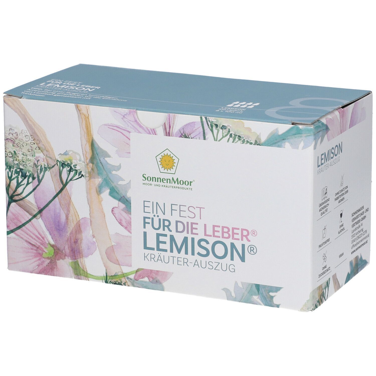 Karton mit floralem Muster und Produktaufdruck. Aufschrift: SonnenMoor Lemison, Kräuterauszug. Logo mit Sonne.