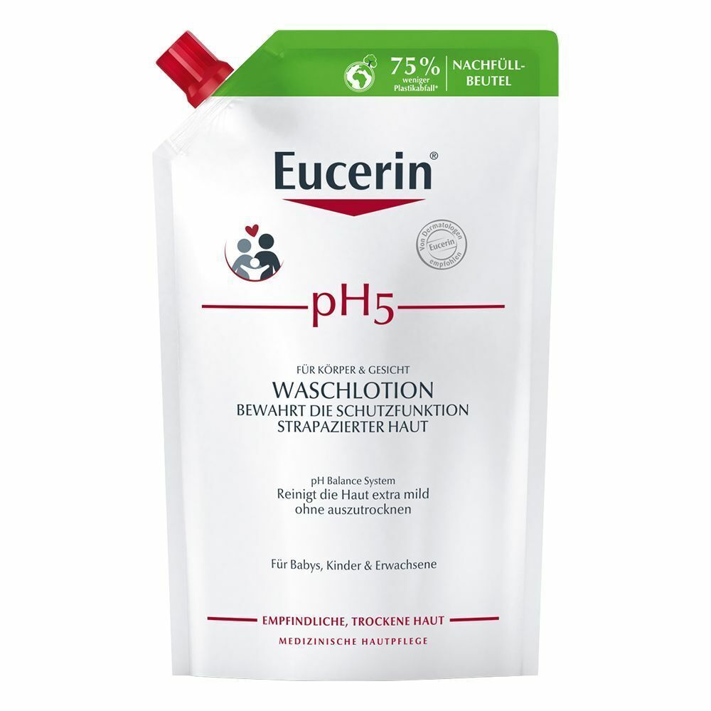 Recharge de lotion lavante Eucerin pH5. Sachet blanc avec bouchon rouge. Texte: pH5, lotion lavante, pour le corps et le visage.