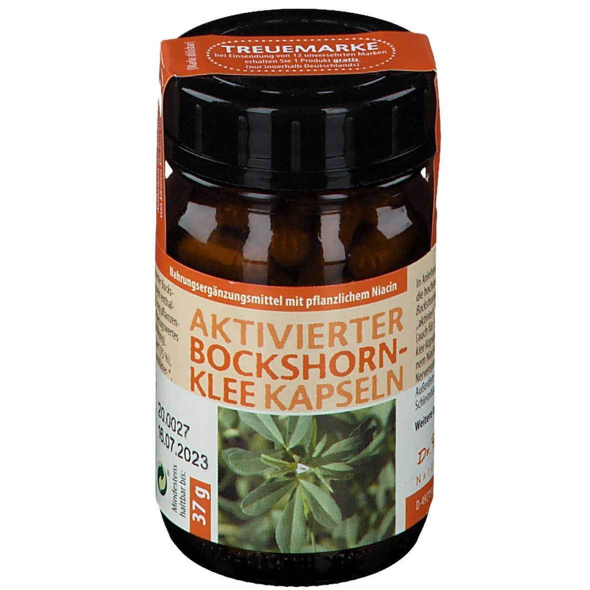 Braune Glasflasche mit schwarzen Deckel. Aufkleber mit Produktinformationen: Aktivierter Bockshornklee Kapseln. Treuemarke-Siegel.