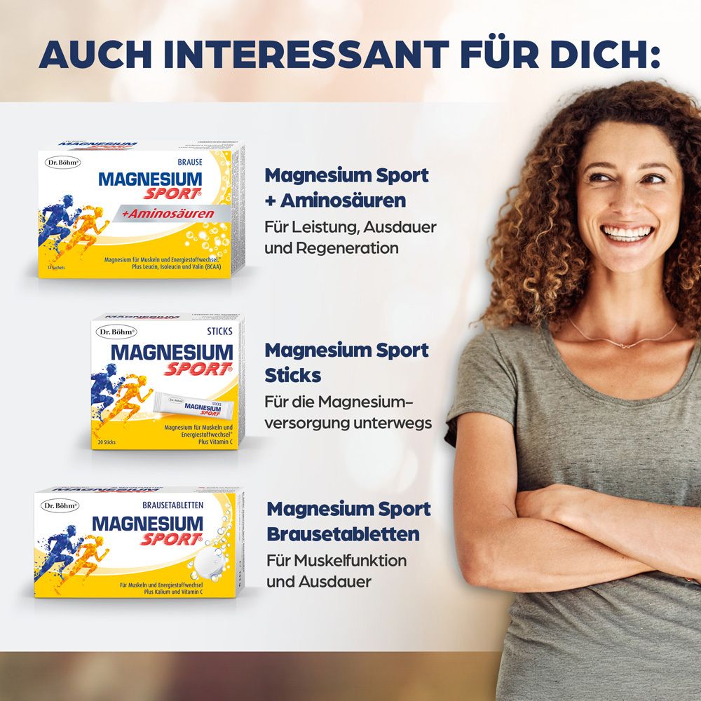 Trois boîtes de produits Dr. Böhm Magnesium Sport. Texte : Magnesium Sport + Acides aminés, Magnesium Sport Sticks, Comprimés effervescents Magnesium Sport.