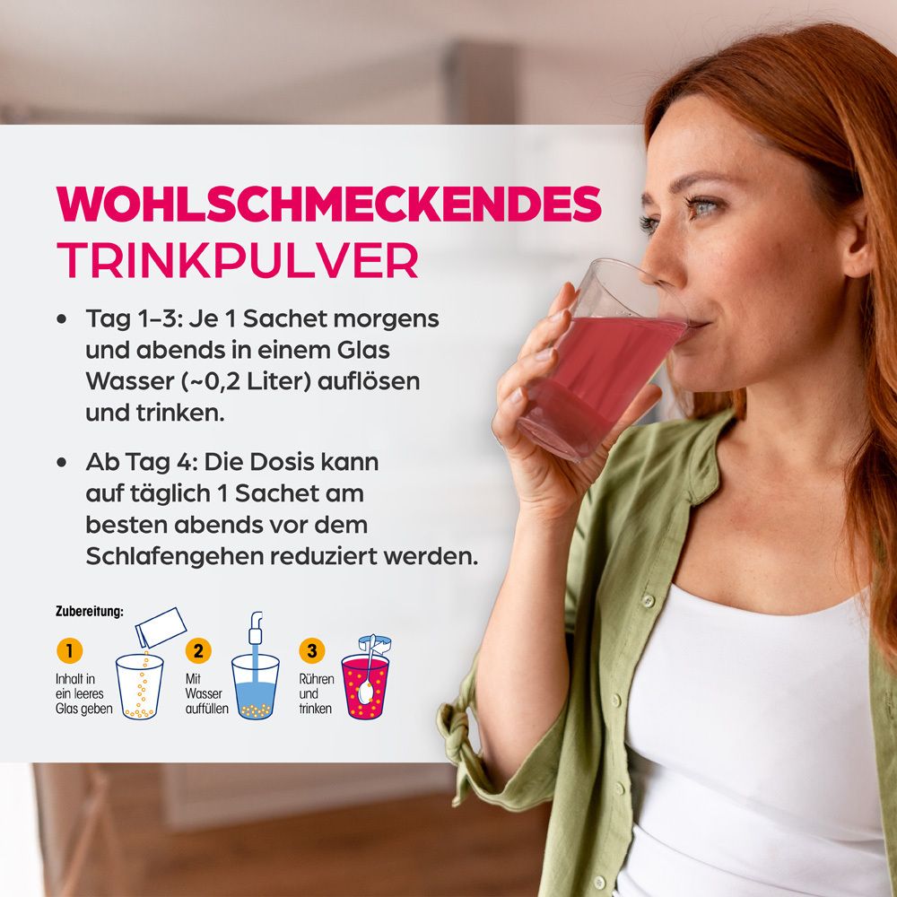 Eine Frau trinkt ein Getränk aus einem Glas. Text: Wohlschmeckendes Trinkpulver. Anleitung zur Zubereitung.