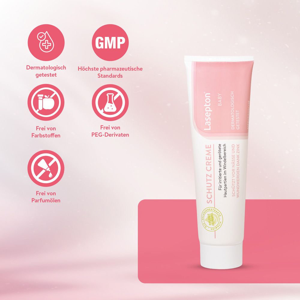 Fünf Icons zeigen dermatologische Tests und Inhaltsstoffe. Eine Tube Lasepton Baby Schutz-Creme.