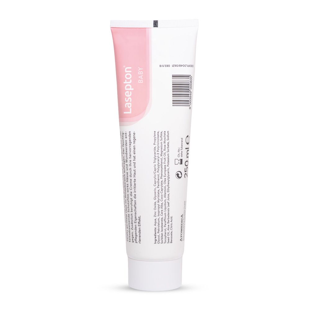 Rückseite einer Tube Lasepton Baby Schutz-Creme mit Inhaltsstoffen und Barcode.