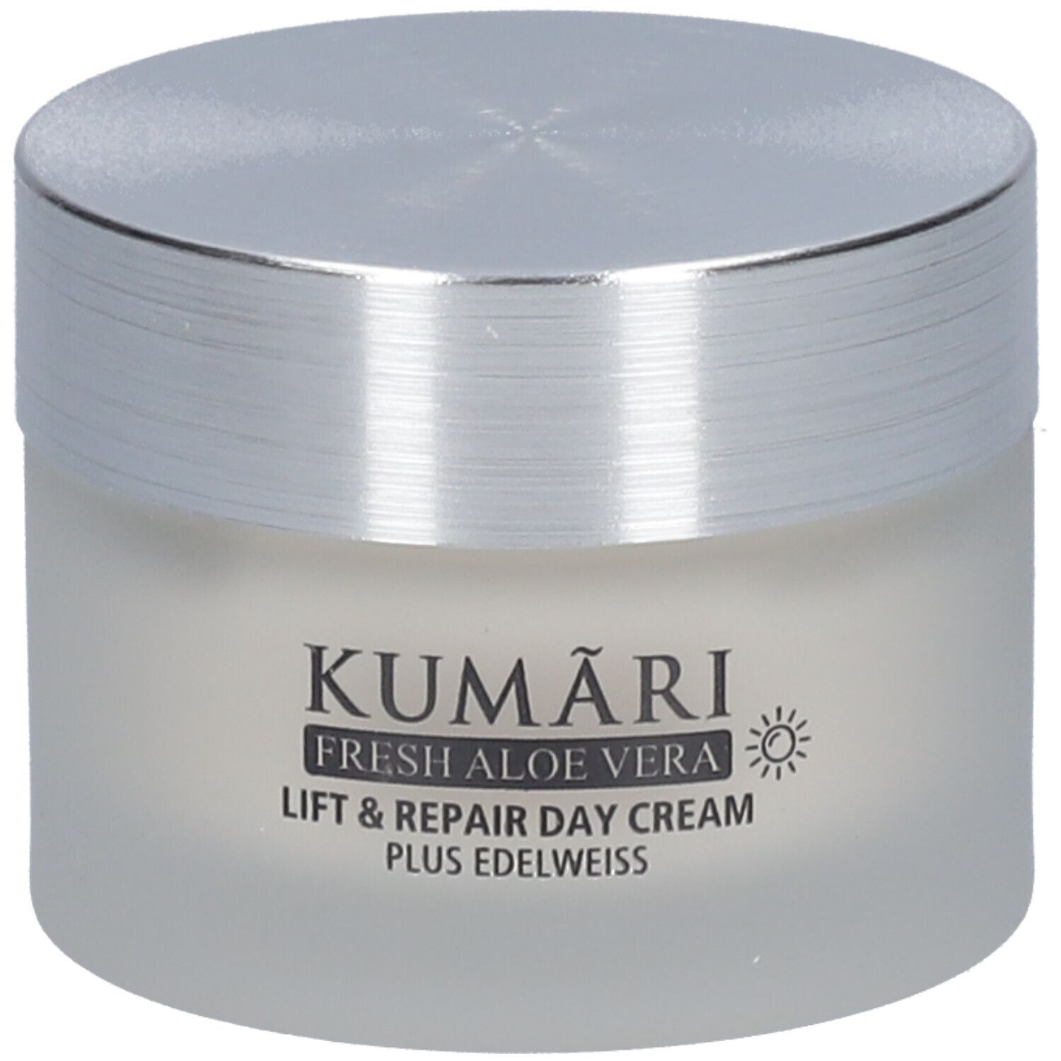 Pot de crème avec couvercle argenté. Inscription: KUMARI, FRESH ALOE VERA, Lift & Repair Day Cream, PLUS EDELWEISS. Symbole soleil.