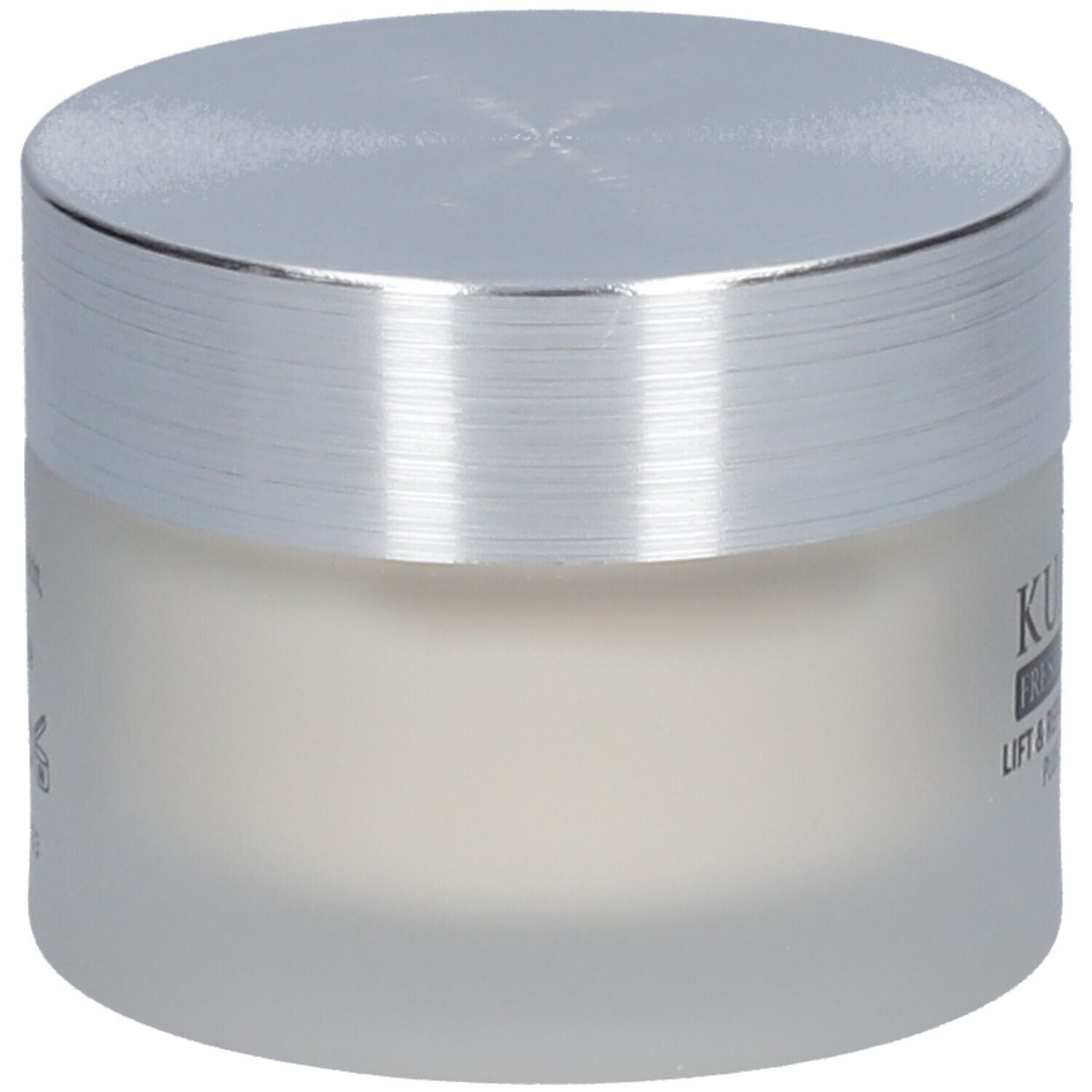 Pot de crème avec couvercle argenté. Inscription: KUMARI, FRESH ALOE VERA, Lift & Repair Day Cream, PLUS EDELWEISS. Symbole soleil.