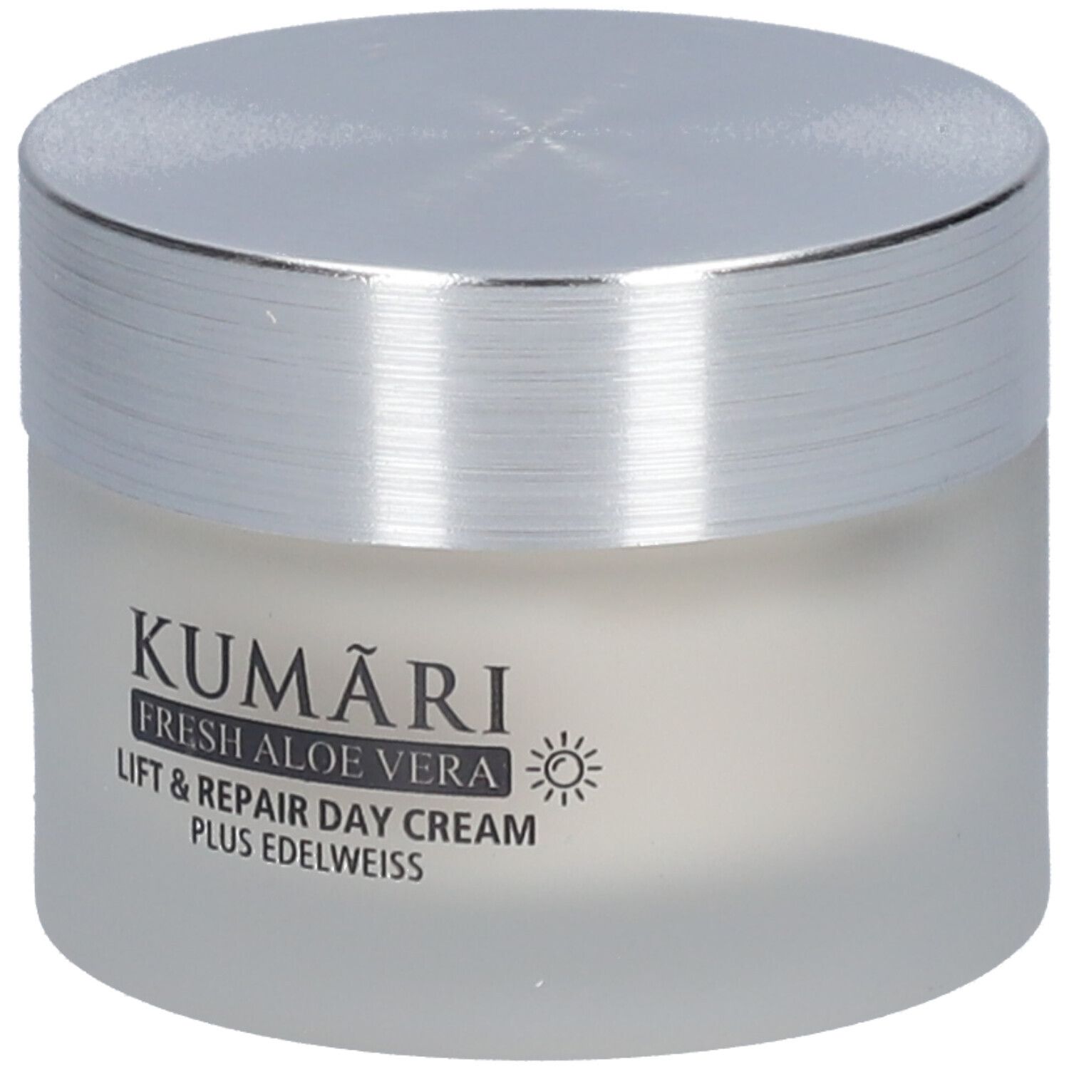 Pot de crème avec couvercle argenté. Inscription: KUMARI, FRESH ALOE VERA, Lift & Repair Day Cream, PLUS EDELWEISS. Symbole soleil.