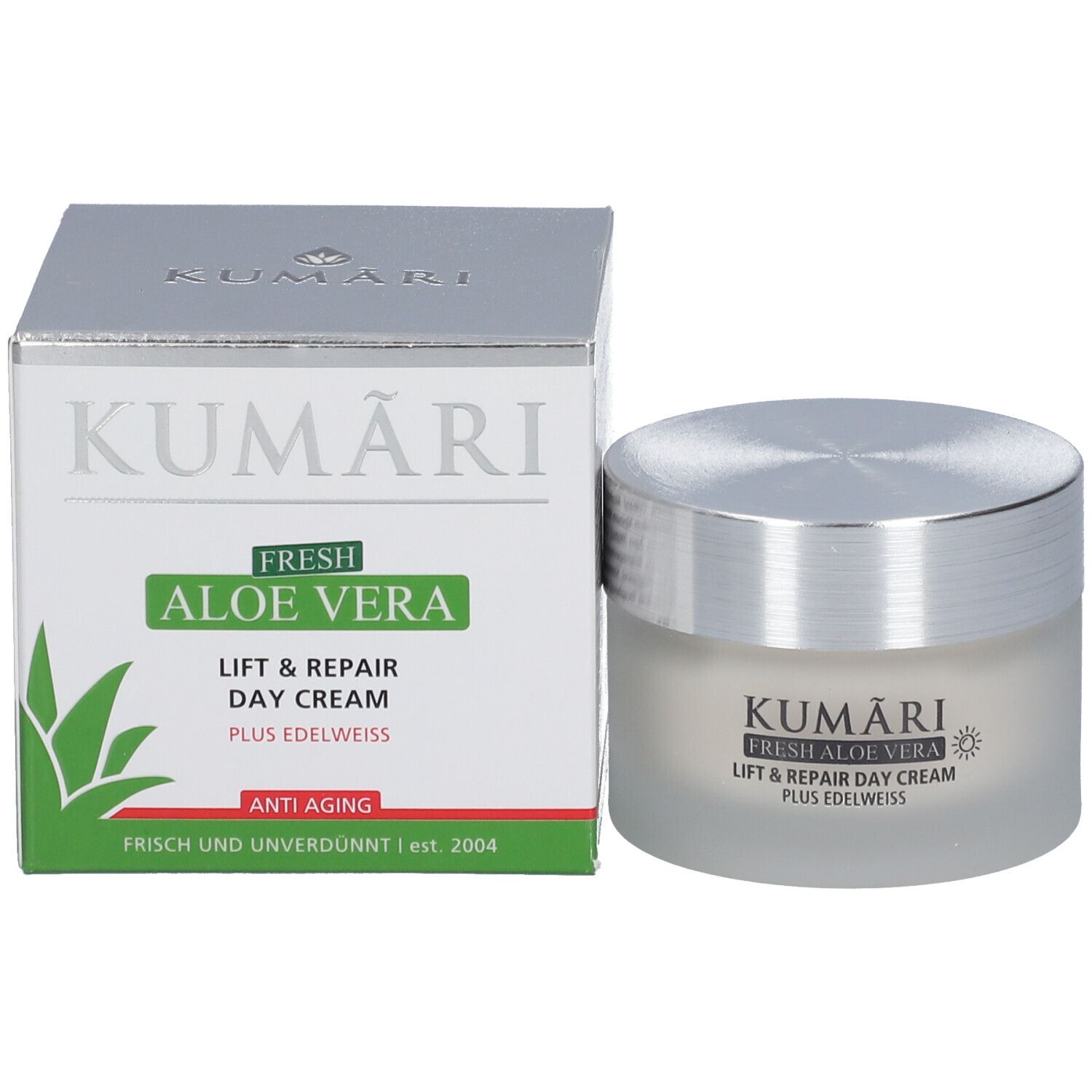 Pot de crème et boîte. Inscription: KUMARI, FRESH ALOE VERA, Lift & Repair Day Cream, PLUS EDELWEISS. Anti-âge. Emballage vert et blanc.