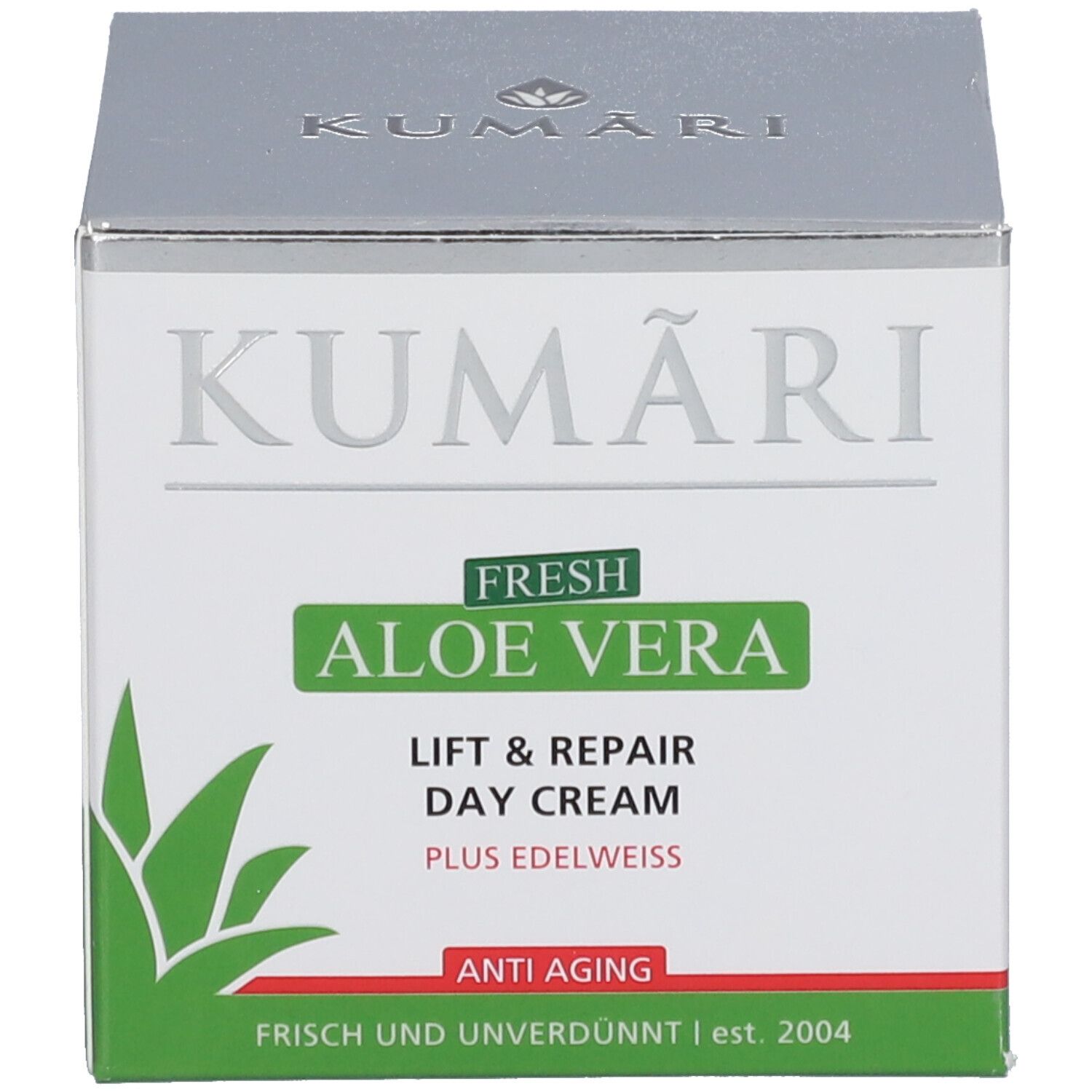 Boîte blanche avec inscription verte: KUMARI, FRESH ALOE VERA, Lift & Repair Day Cream, PLUS EDELWEISS. Anti-âge. Logo.