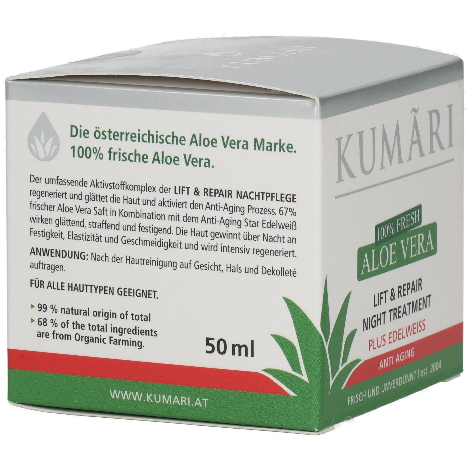 KUMARI LIFT & REPAIR NIGHT TREATMENT 50ml, 100% frische Aloe Vera, 99% natürlichen Ursprungs.