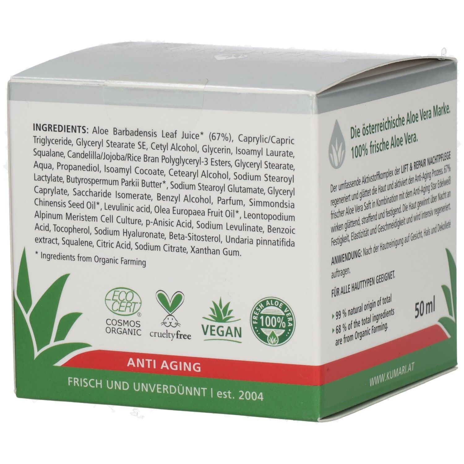 KUMARI LIFT & REPAIR NIGHT TREATMENT Inhaltsstoffe: Aloe Barbadensis Leaf Juice, Edelweiß, COSMOS ORGANIC zertifiziert.