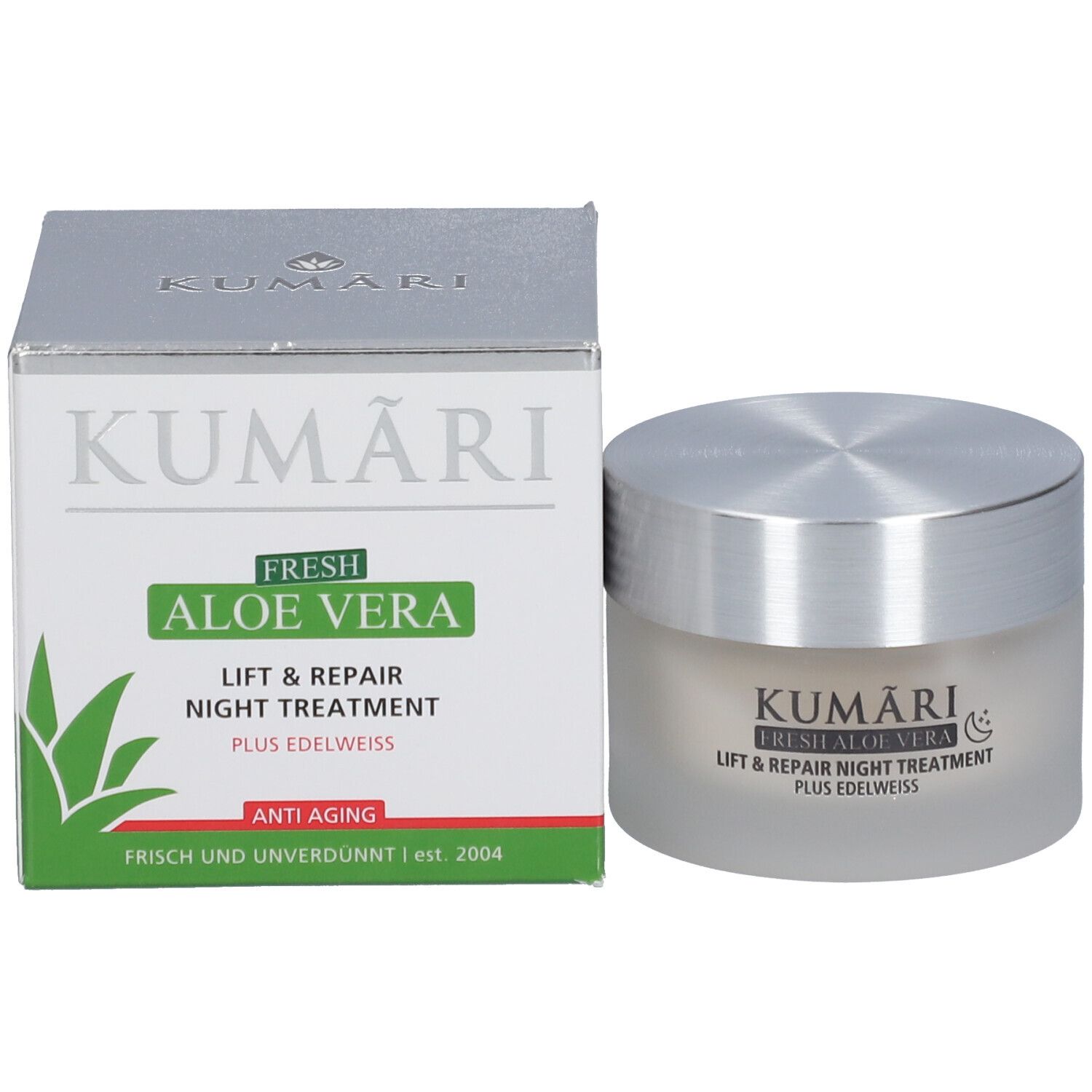 KUMARI LIFT & REPAIR NIGHT TREATMENT Tiegel und Umverpackung mit Aloe Vera und Edelweiß.