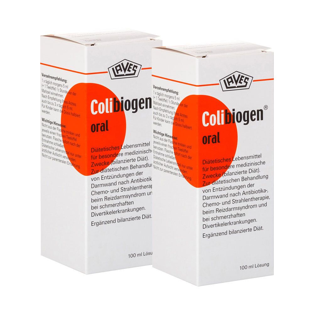 Zwei weiße Kartons mit rotem Kreis und Schriftzug Colibiogen oral. Aufdrucke: LAVES, Diätetisches Lebensmittel, 100 ml Lösung.