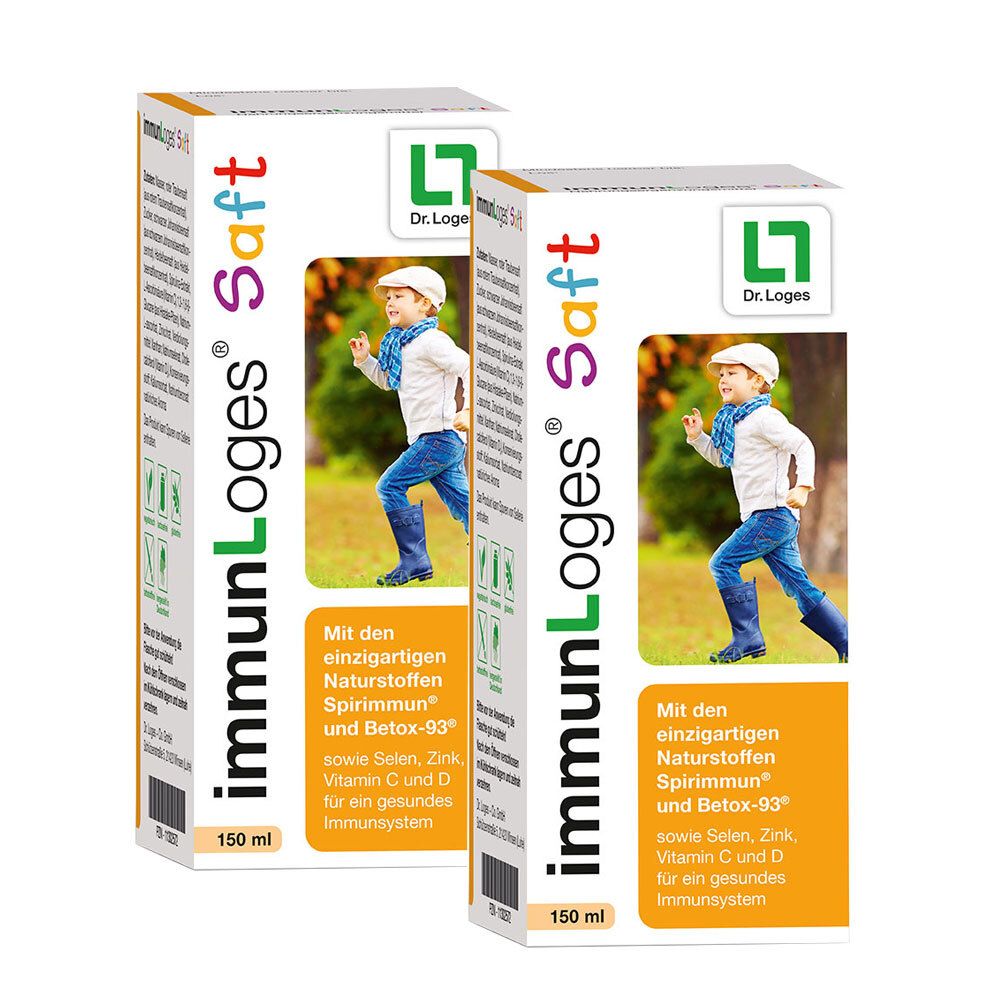 Deux boîtes de immunLoges Saft. Impression : enfant, nom du produit, ingrédients. Logo Dr. Loges. 150 ml.