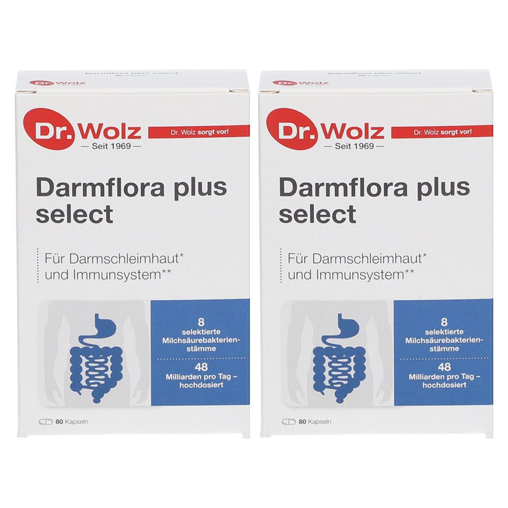 Zwei weiße Kartons mit "Dr. Wolz Darmflora plus select". Text: "Für Darmschleimhaut und Immunsystem". Illustration des Verdauungstrakts.
