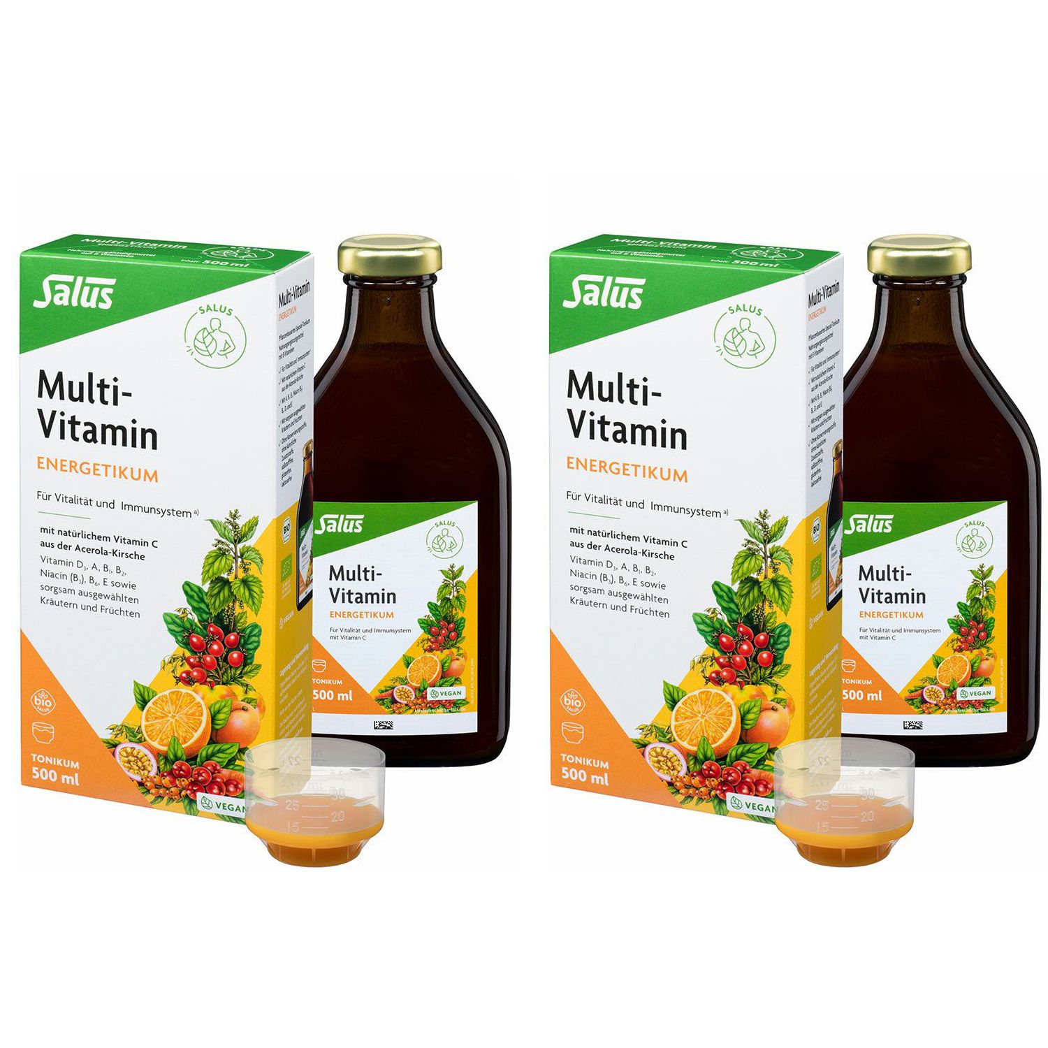 Zwei Flaschen und zwei Kartons Salus Multi-Vitamin Energetikum. Auf den Kartons sind Früchte abgebildet. Zwei Gläser mit Flüssigkeit.
