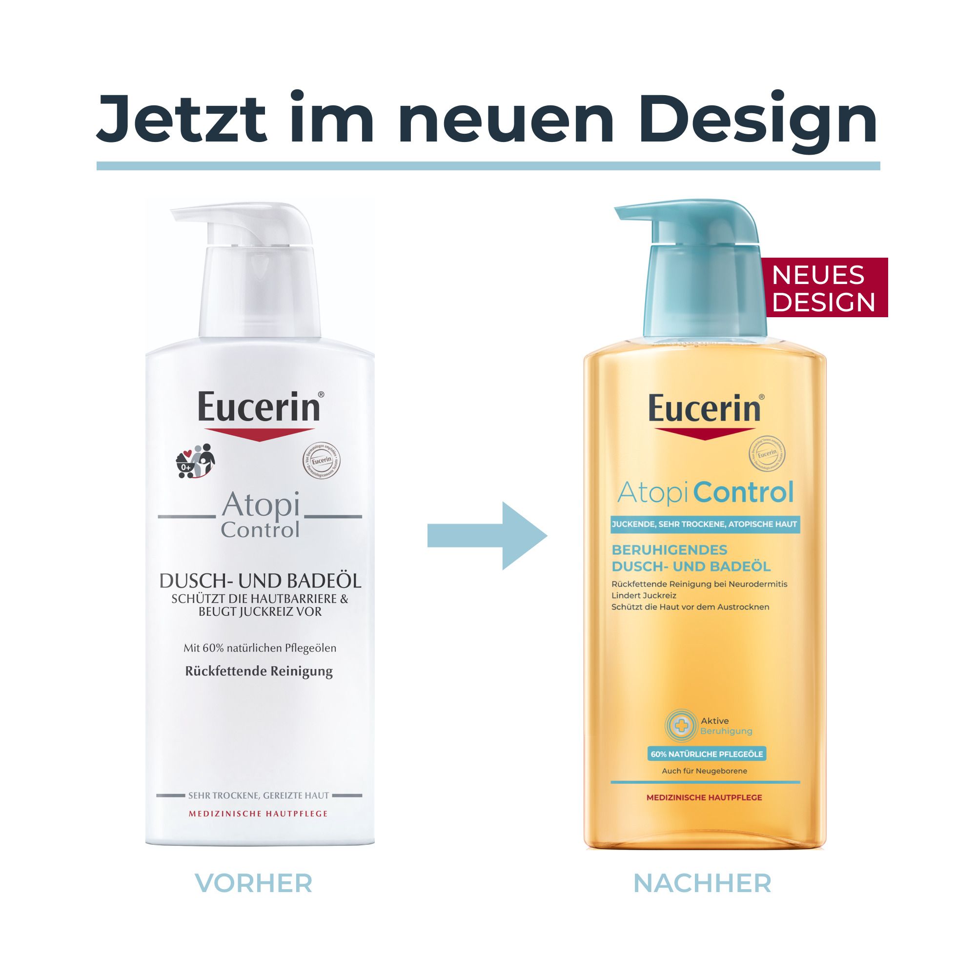 Comparaison de l'ancien et du nouveau design : huile de douche et de bain Eucerin AtopiControl.