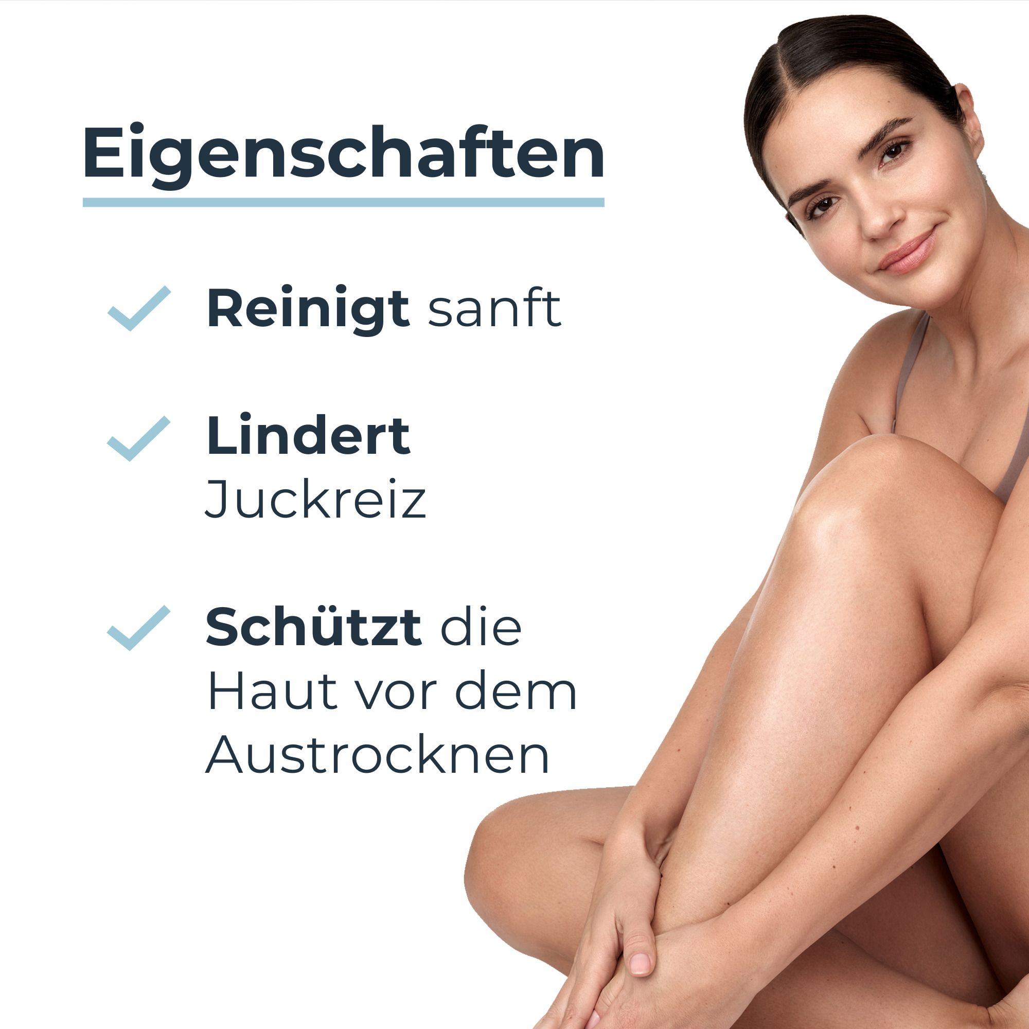 Femme à la peau lisse à côté de texte sur le nettoyage doux et le soulagement des démangeaisons.