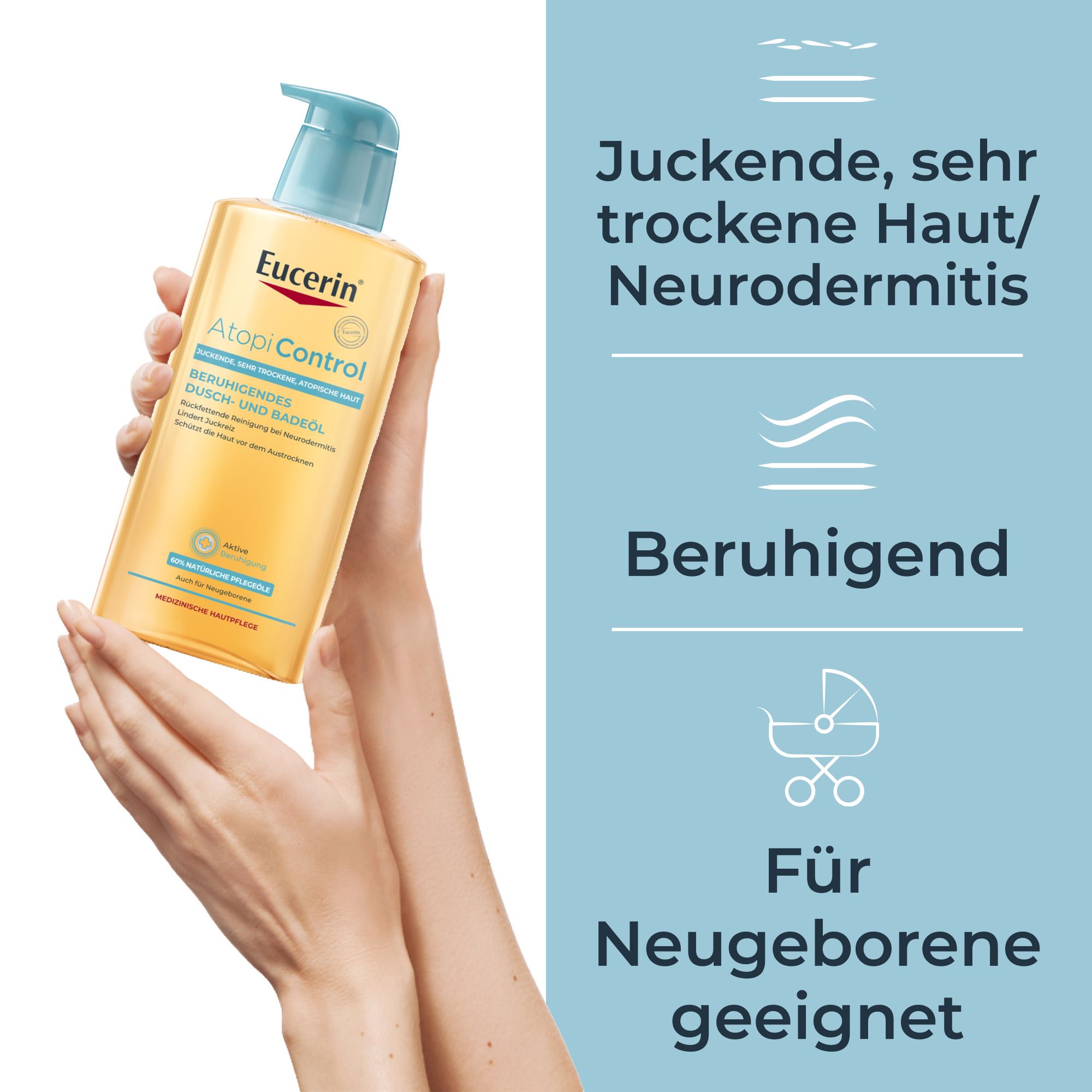 Huile de douche et de bain Eucerin AtopiControl dans des mains, adaptée aux nouveau-nés.
