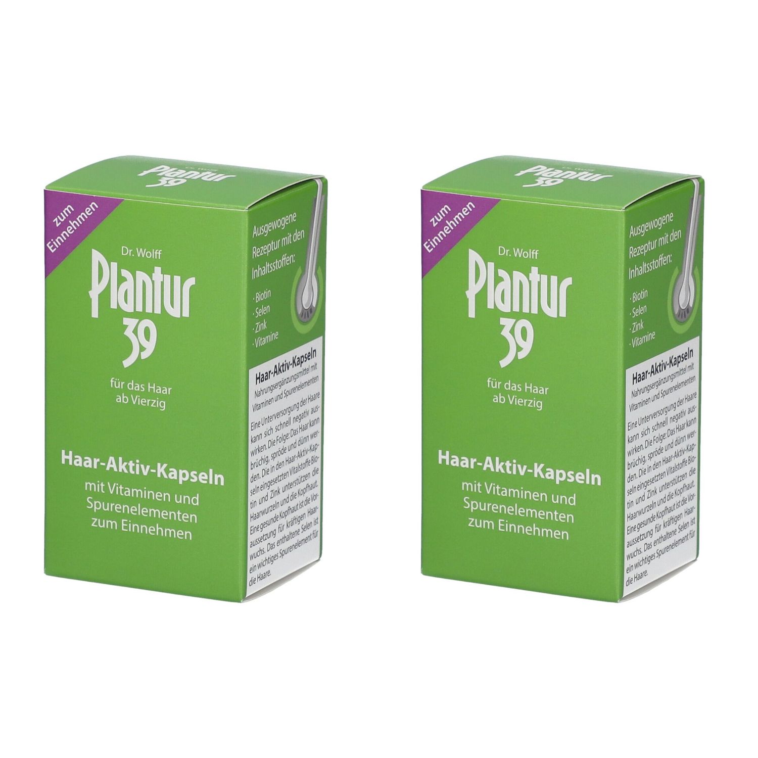 Deux boîtes vertes "Plantur 39". Texte: Capsules actives pour les cheveux avec vitamines et oligo-éléments. Pour les cheveux après quarante ans.
