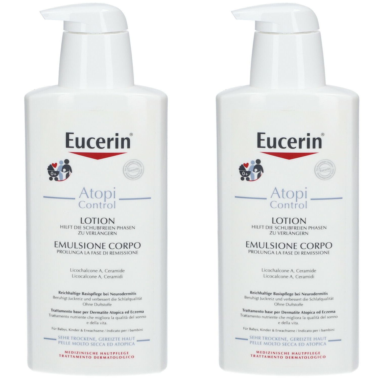 Deux flacons blancs de lotion Eucerin® AtopiControl avec pompe. Inscription : Lotion, Emulsione Corpo.