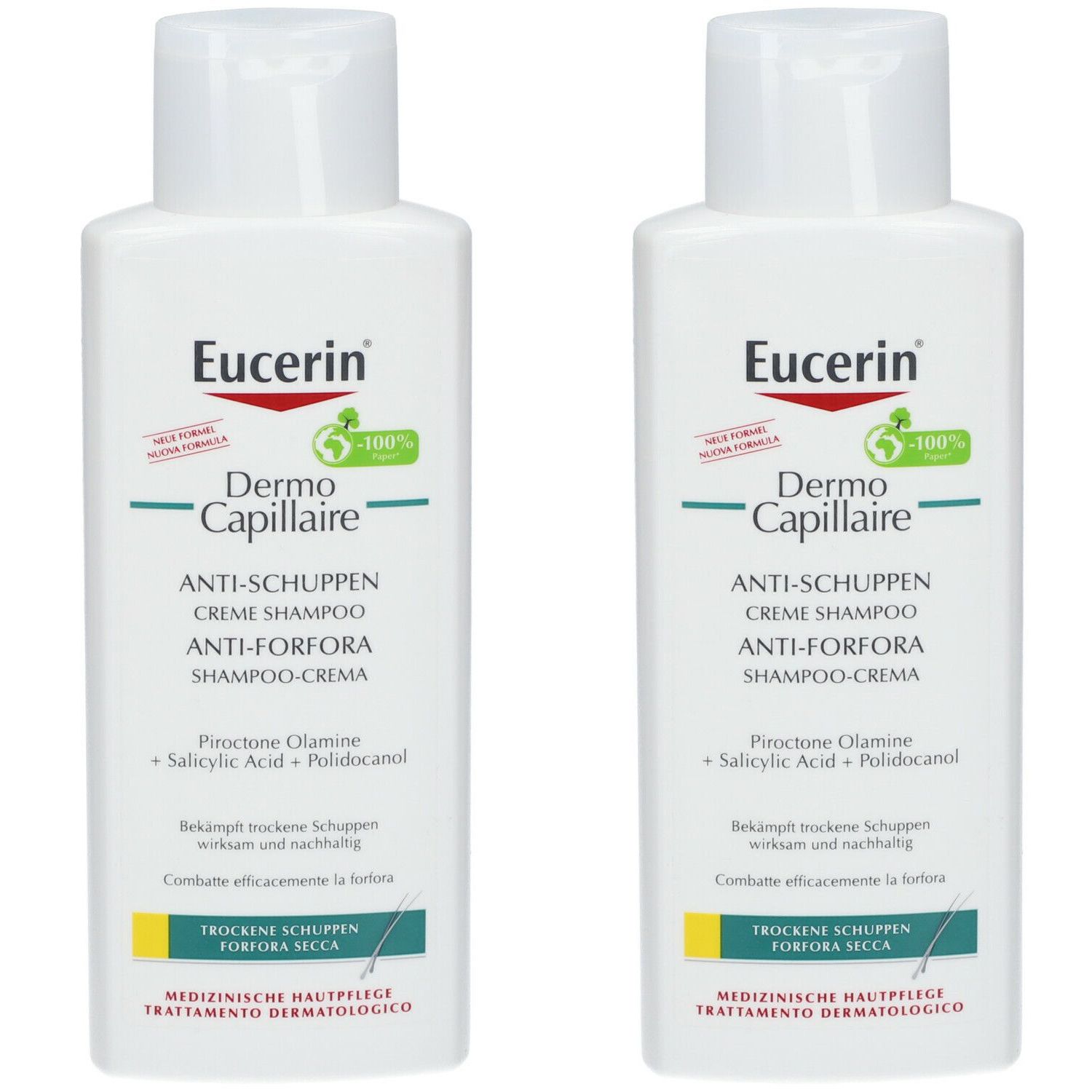 Zwei Flaschen Eucerin DermoCapillaire Anti-Schuppen Creme Shampoo. Weiße Flaschen mit grünen und schwarzen Texten.