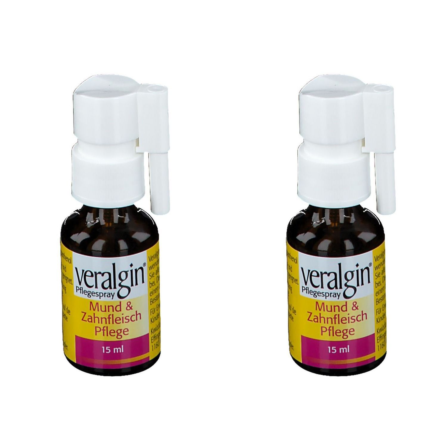Zwei Sprays mit weißem Sprühkopf und brauner Flasche. Aufschrift: Veralgin, Mund & Zahnfleisch Pflege, 15 ml.