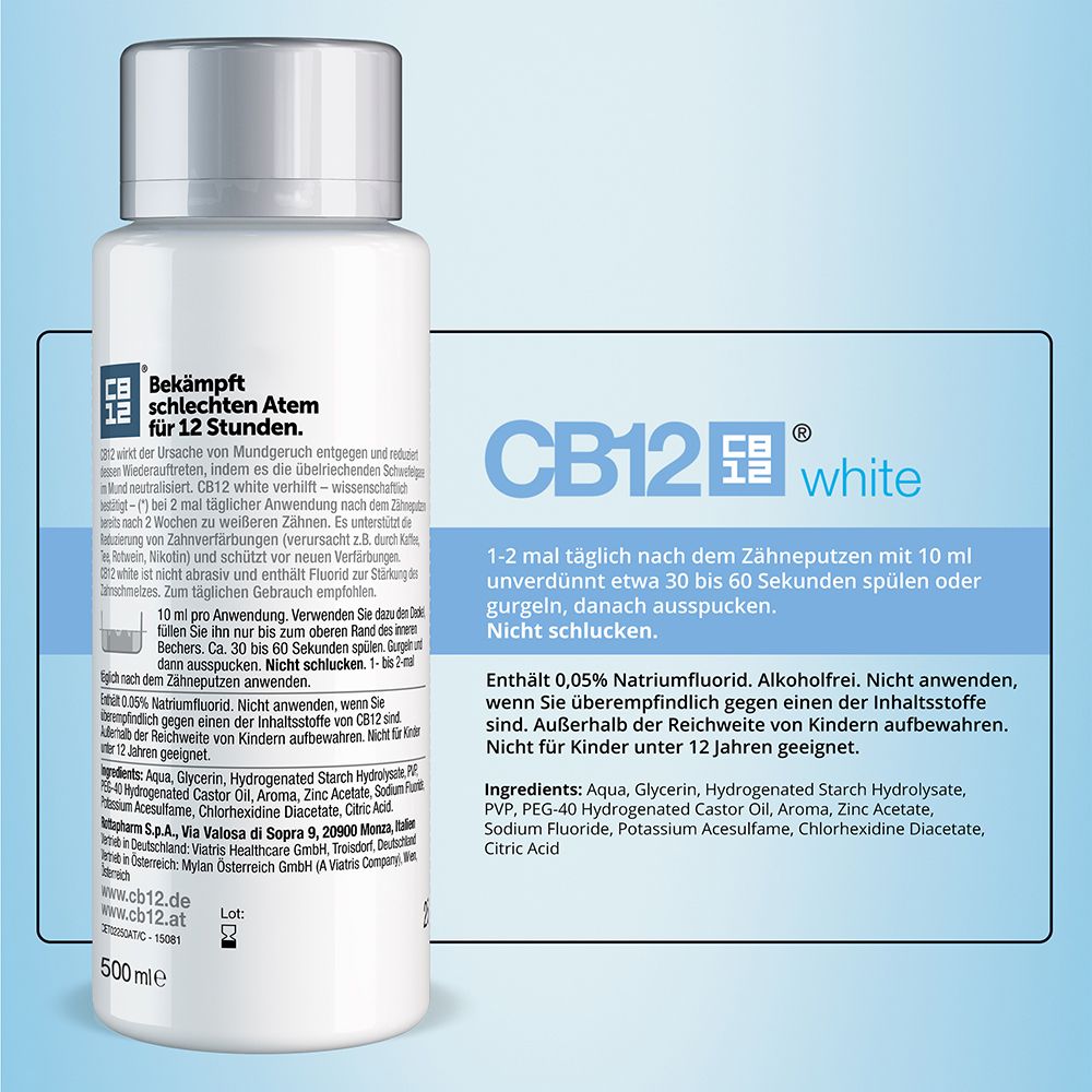 Flacon de bain de bouche CB12 White. Design blanc, bouchon argenté. Texte : Combat la mauvaise haleine pendant 12 heures. Ingrédients et instructions.