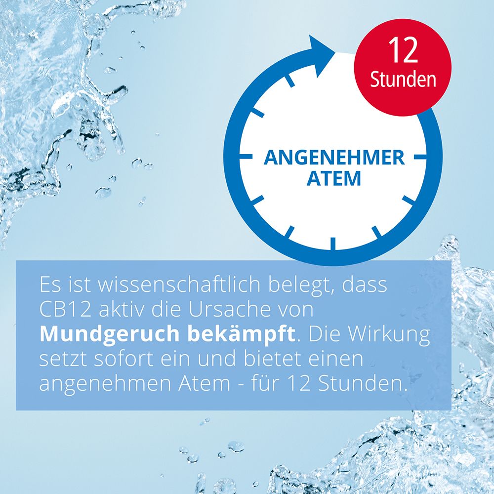 Design bleu avec de l'eau. Texte : Haleine agréable pendant 12 heures. CB12 combat activement la cause de la mauvaise haleine.