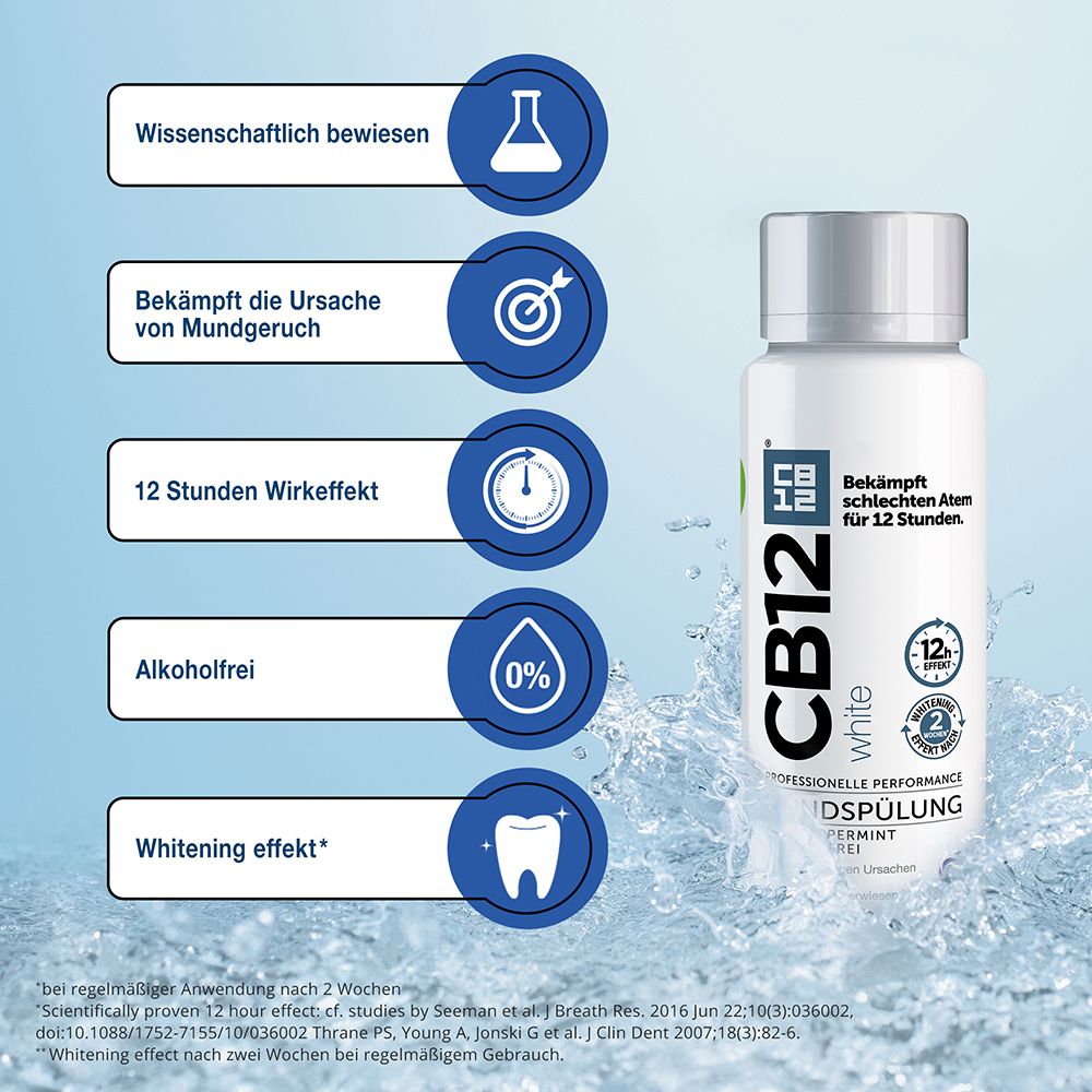 Graphique avec icônes et flacon CB12 White. Icônes : prouvé scientifiquement, combat la mauvaise haleine, effet 12 heures, sans alcool, effet blanchissant.