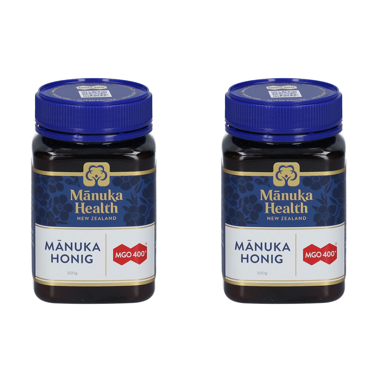 Zwei Gläser Honig mit blauem Deckel. Auf den Etiketten steht "Mānuka Health" und "MGO 400".
