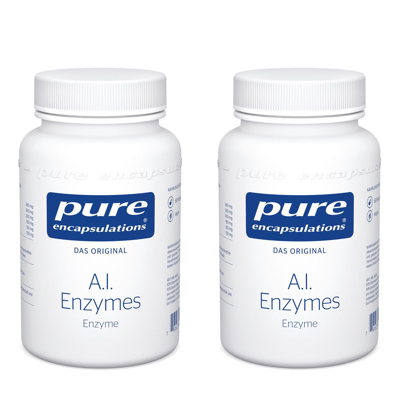 Zwei weiße Flaschen mit blauer Aufschrift: pure encapsulations®, A.I. Enzymes. "DAS ORIGINAL" und "Enzyme" darunter.