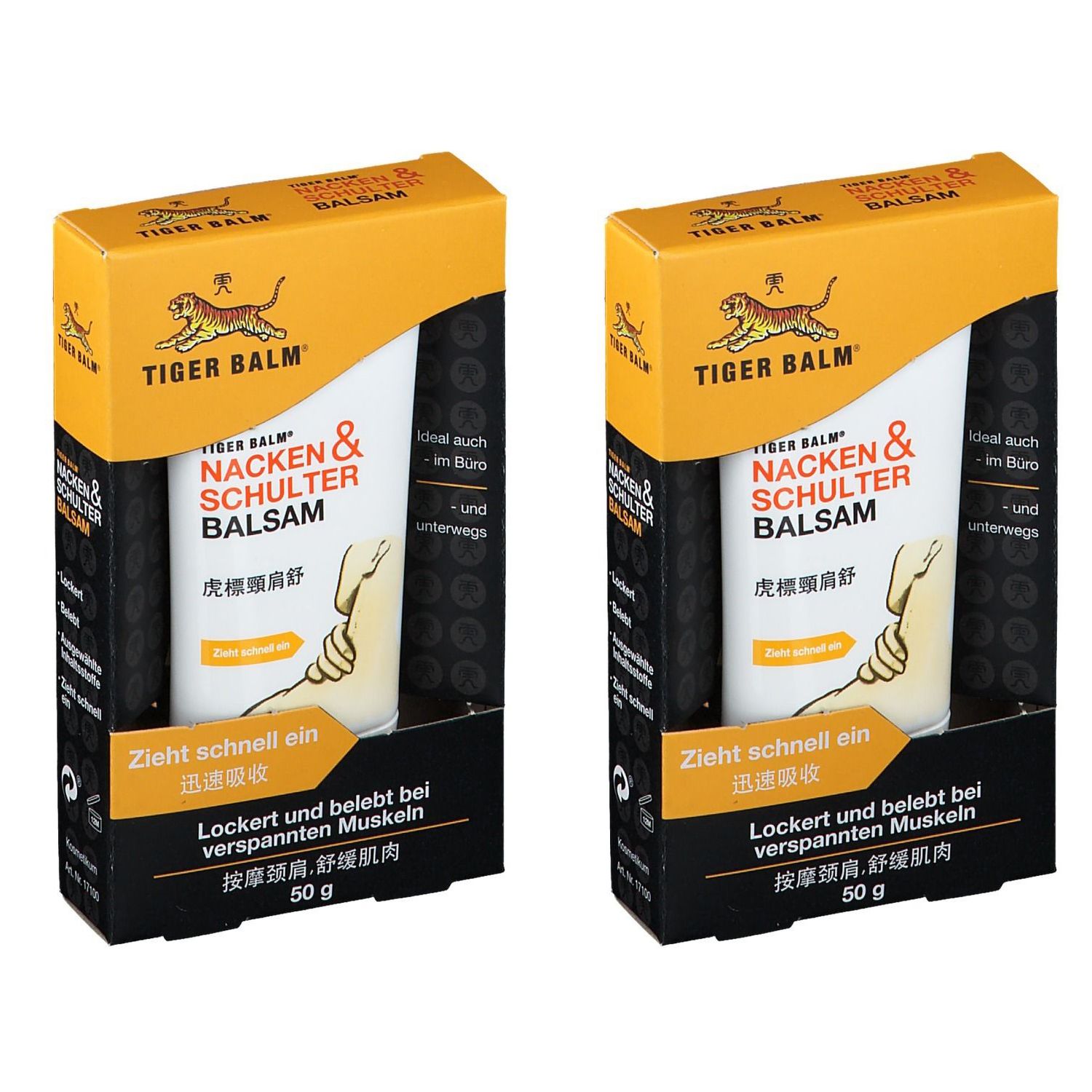 Zwei Packungen Tiger Balm Nacken & Schulter Balsam. Jede Packung enthält eine Tube Balsam in einer Schachtel mit Produktnamen und Logo.