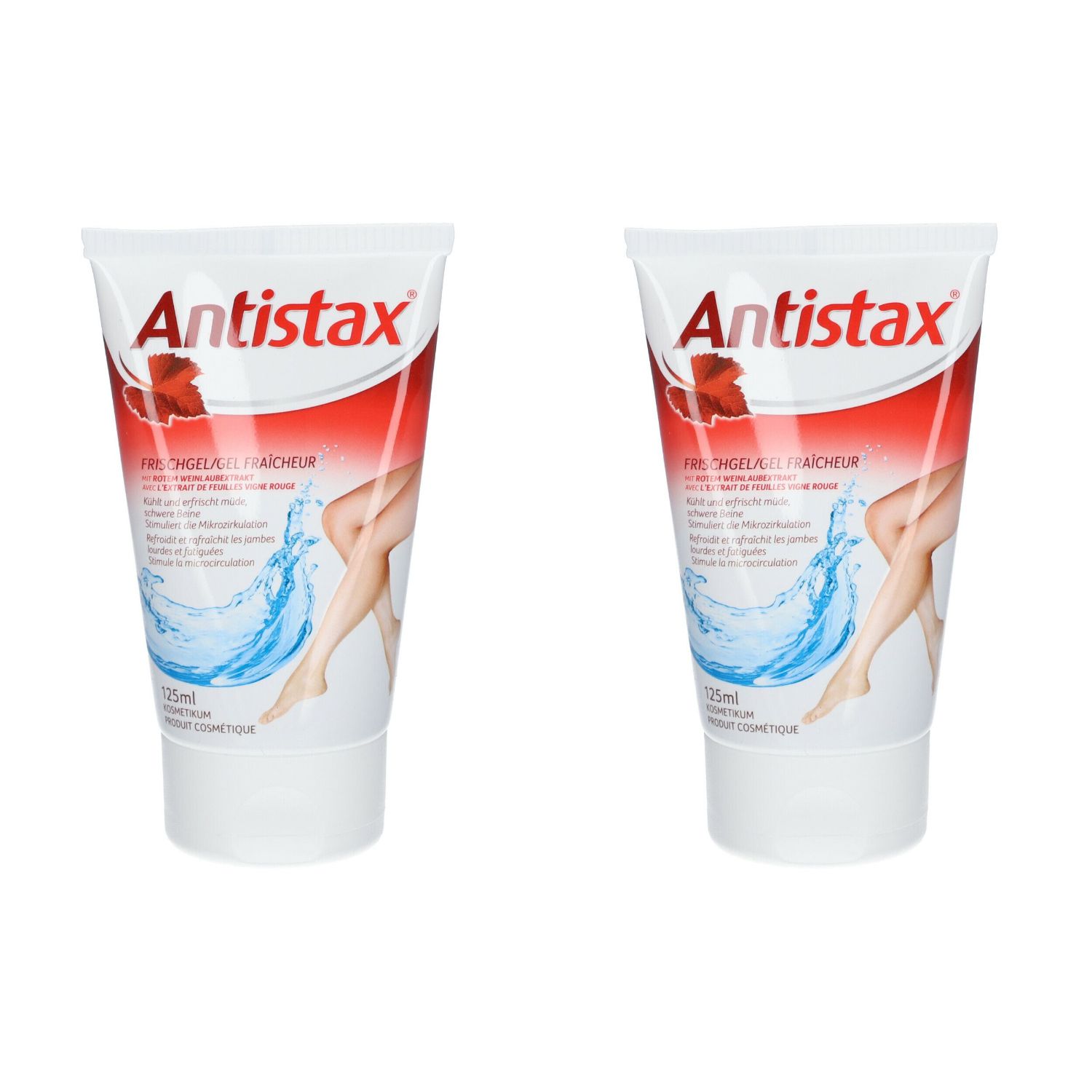 Deux tubes de gel frais Antistax®. Tubes blancs avec bouchon rouge et texte. Illustration de jambes et d'eau.
