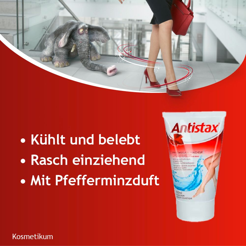 Publicité avec Antistax® Frischgel. Fond rouge, femme avec sac et chaussures rouges. Tube de produit.