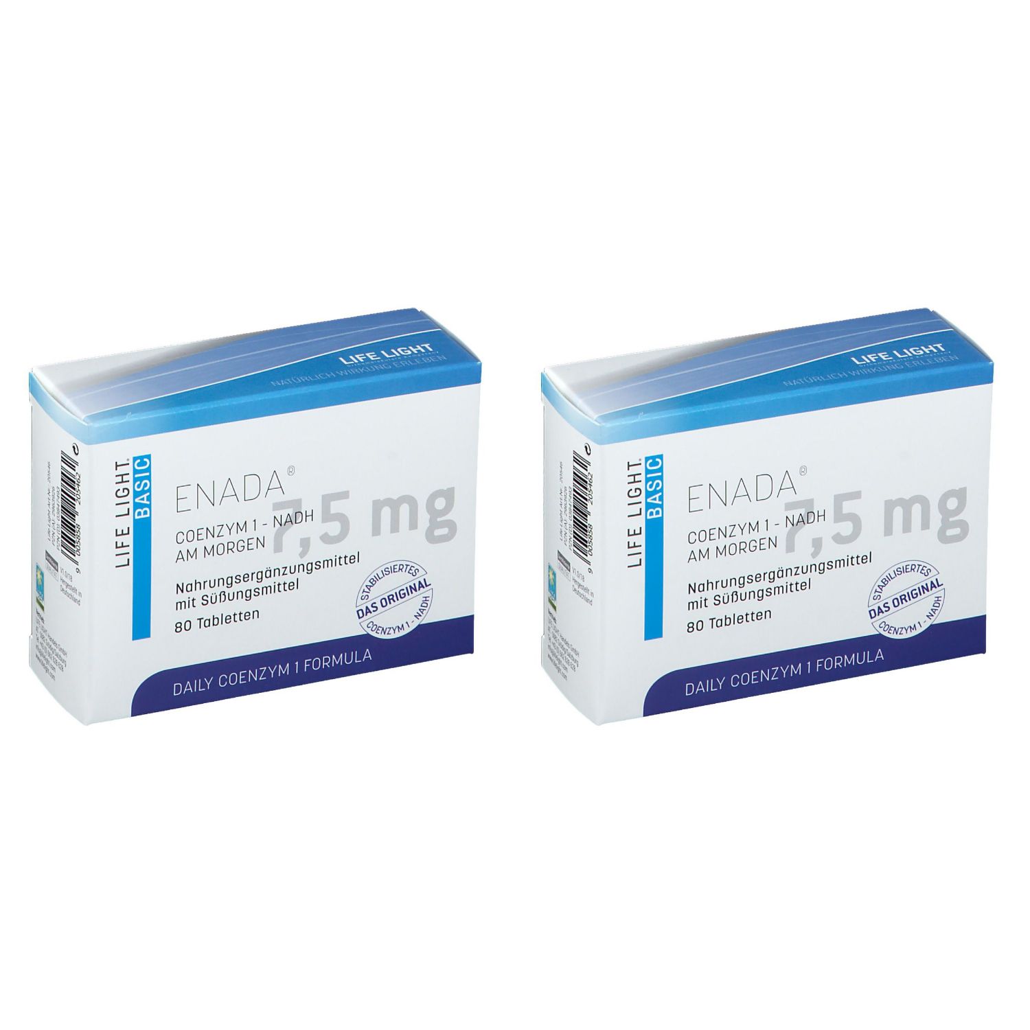 Zwei Schachteln mit der Aufschrift "ENADA 7,5 mg". Auf jeder Schachtel steht "LIFE LIGHT BASIC" und "DAILY COENZYM I FORMULA".